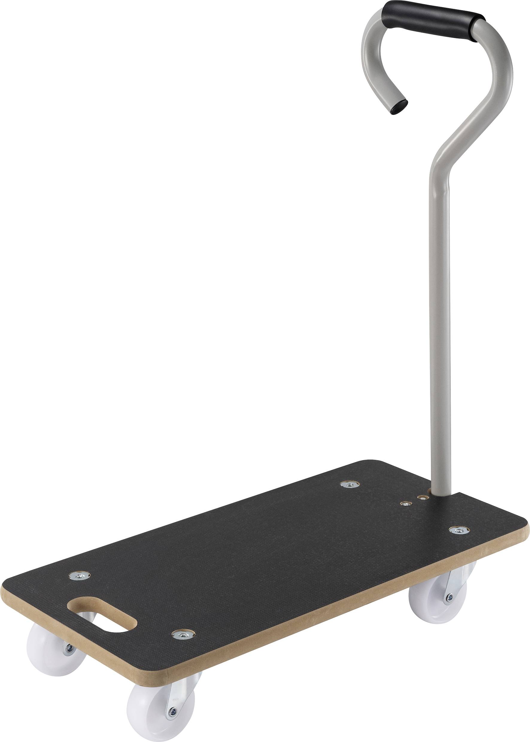 Un trolley noir avec quatre roues blanches et une poignée grise, adapté au transport de petites charges à l'intérieur.