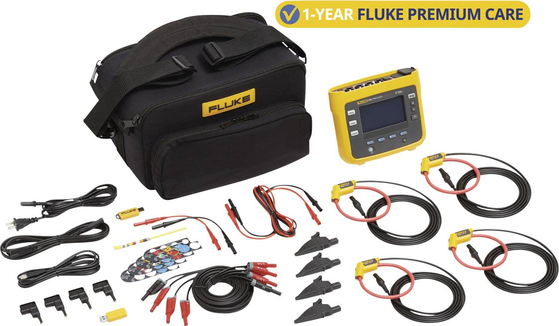 Kit de testeur Fluke avec sacoche de transport, appareil de mesure, câbles et sondes. 1 an de Fluke Premium Care.
