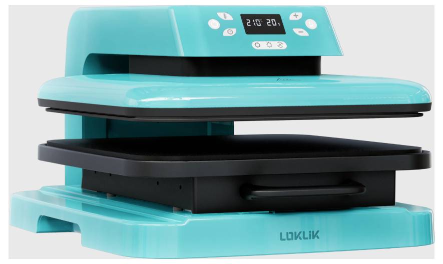 Une machine à imprimer bleue avec un panneau de commande numérique et une base noire, adaptée aux projets artisanaux ou d'impression.