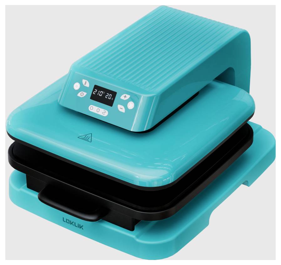 Un sandwich-maker turquoise avec un écran digital et des boutons de commande. Des indicateurs de température et de temps sont visibles.