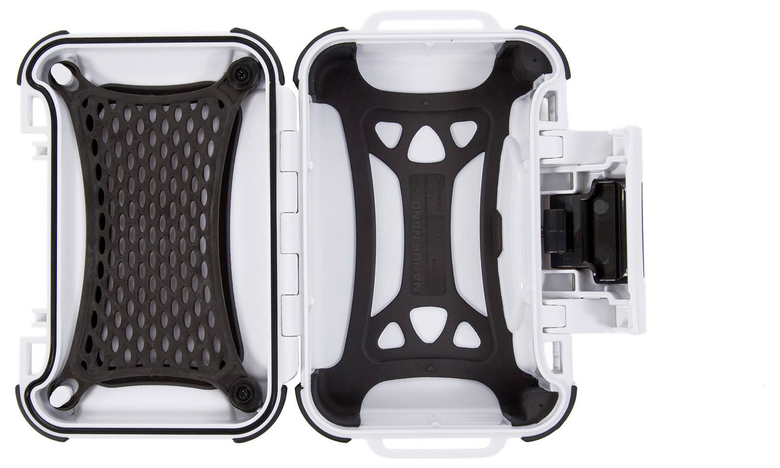 Boîte en plastique rectangulaire ouverte avec insertions grillagées noires sur les côtés, adaptée au rangement sécurisé de petits objets.