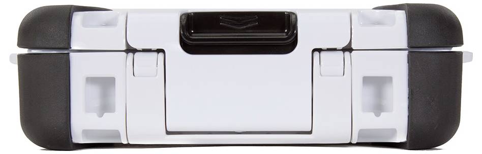 Robuste valise de transport blanche avec coins noirs, fermeture centrale et construction solide.