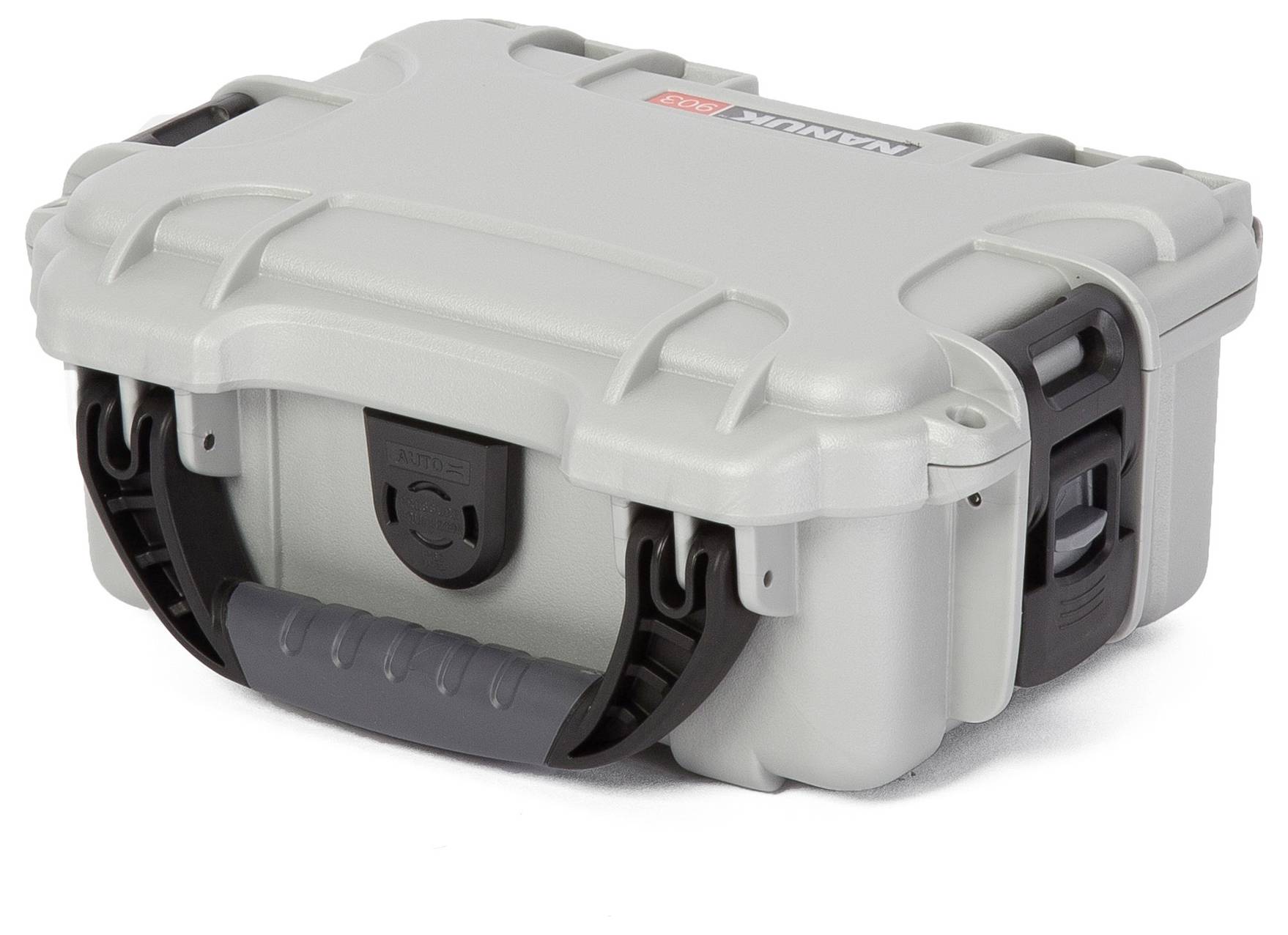 Valise de protection grise, robuste, avec poignée et fermetures noires, adaptée au transport sécurisé d'équipements délicats.