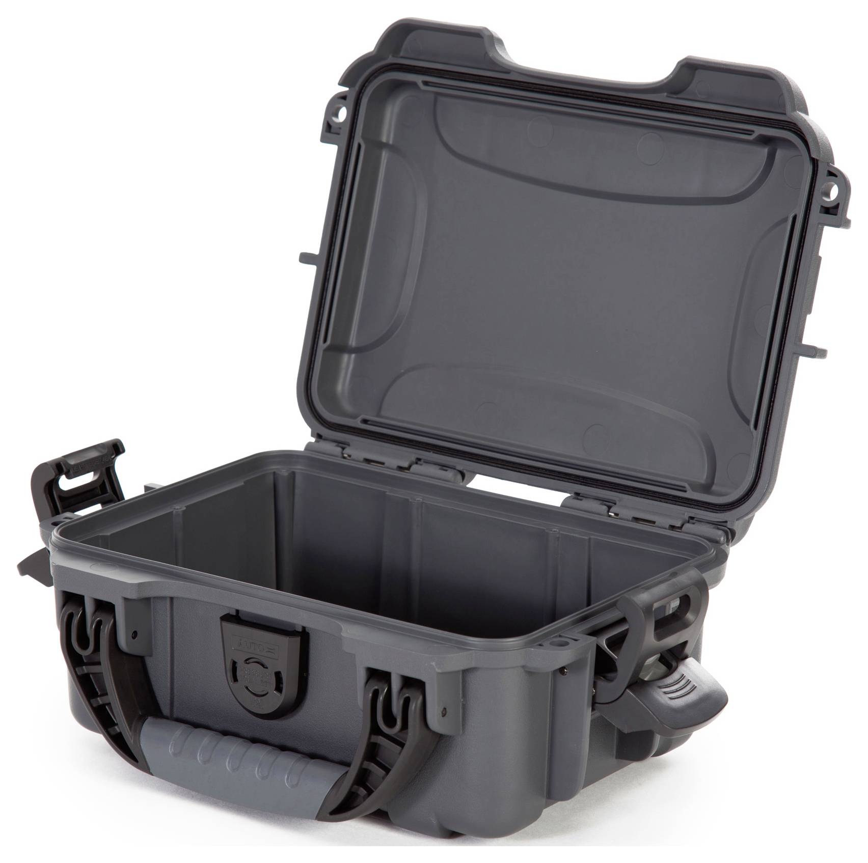 Une valise rigide grise ouverte avec une poignée, sans contenu visible.