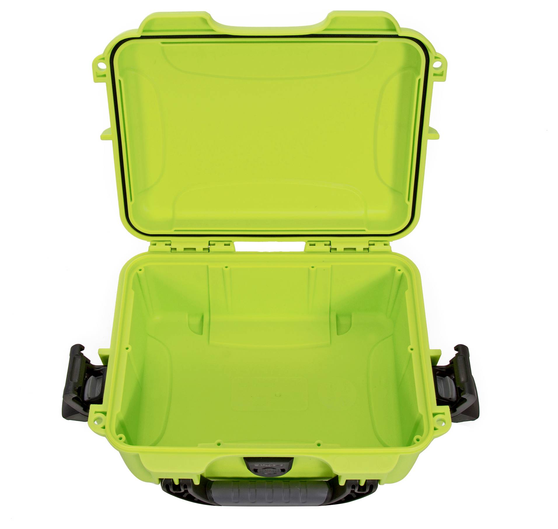 Une valise verte ouverte au design robuste et à la poignée noire, adaptée au transport sécurisé d'objets fragiles.