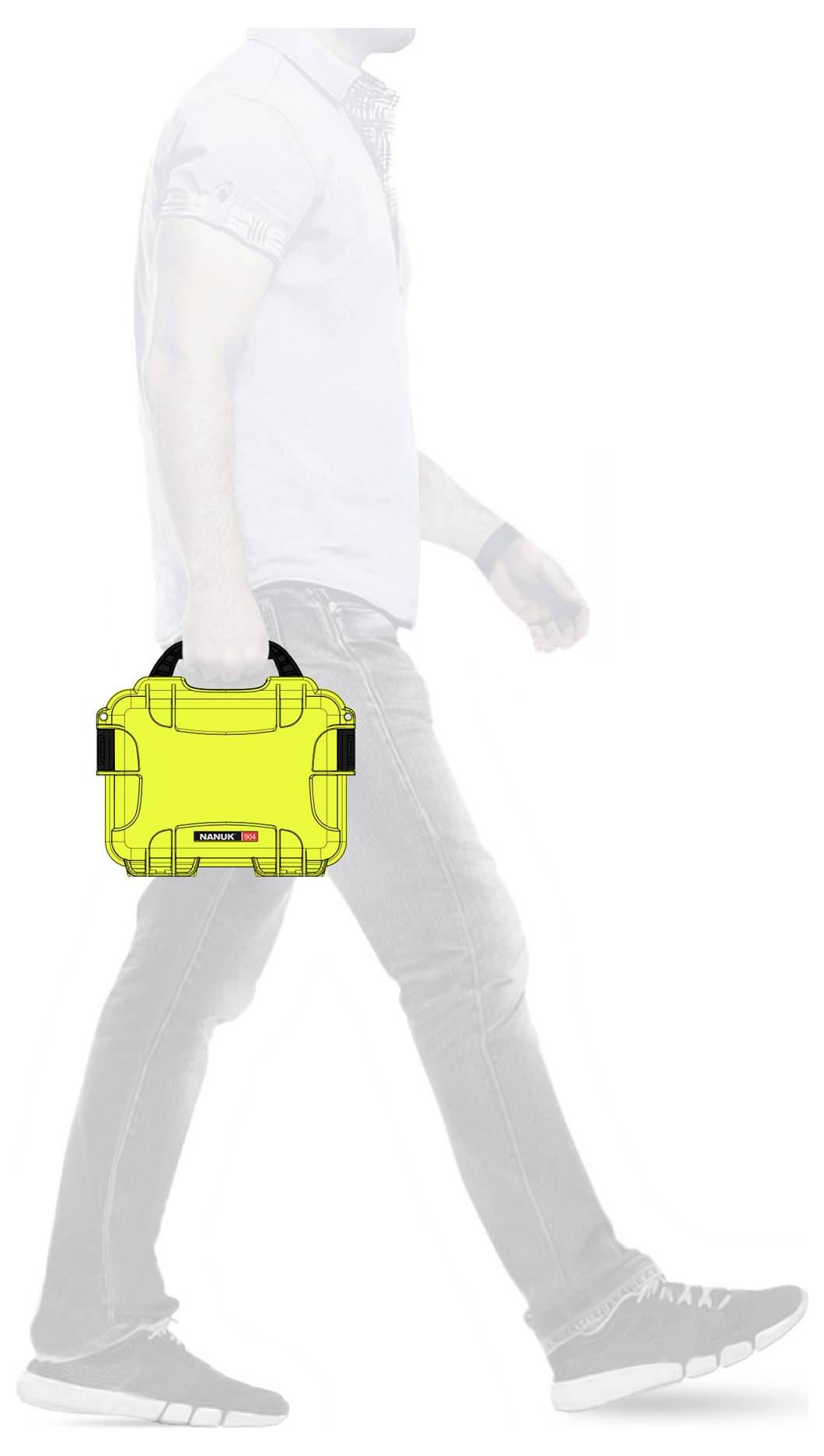 Une personne porte une valise jaune vif dans sa main droite. Le reste de la personne est en gris pour mettre en valeur la valise.