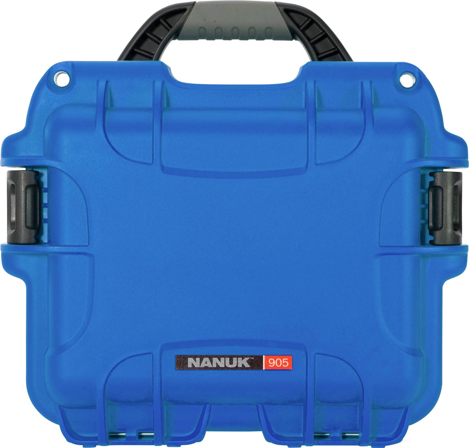 Valise bleue, robuste, avec poignée noire et fermetures latérales. Inscription : 'Nanuk 905'.