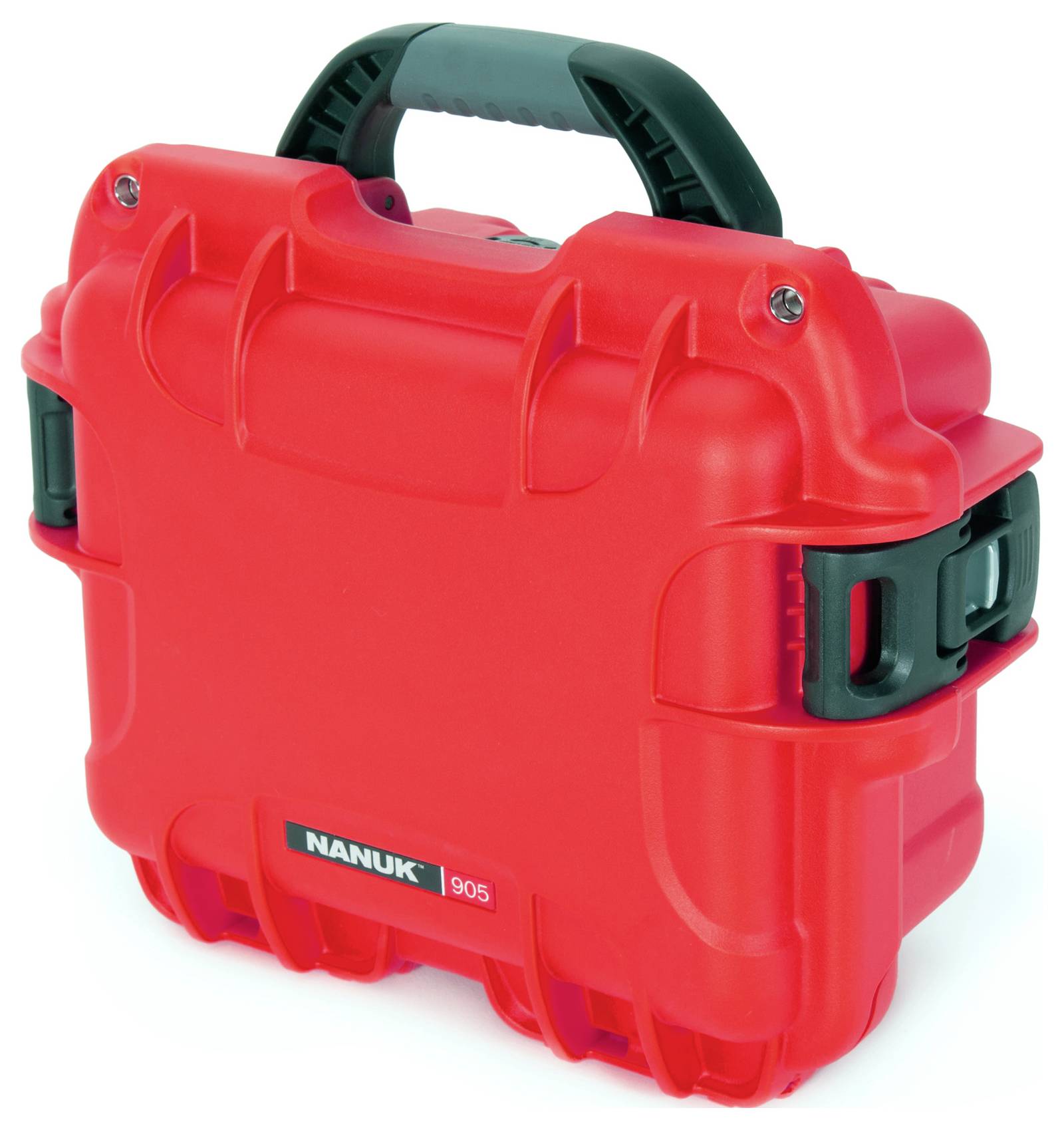 Un coffret à outils rouge, robuste, avec une poignée noire, portant la mention 'Nanuk 905', offre une protection pour des équipements sensibles.