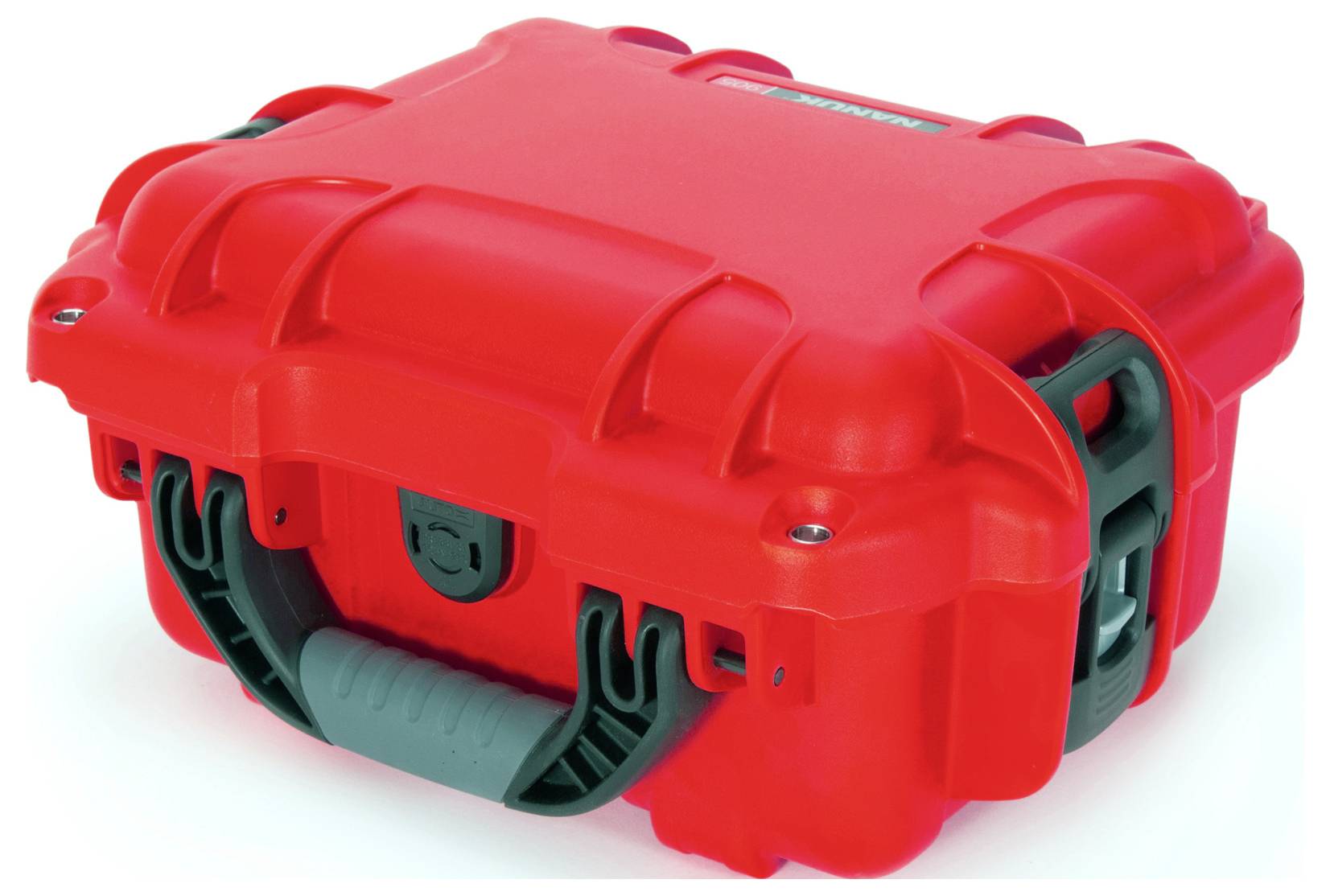 Valise en plastique rouge, robuste, avec poignée noire, adaptée pour protéger un équipement délicat.