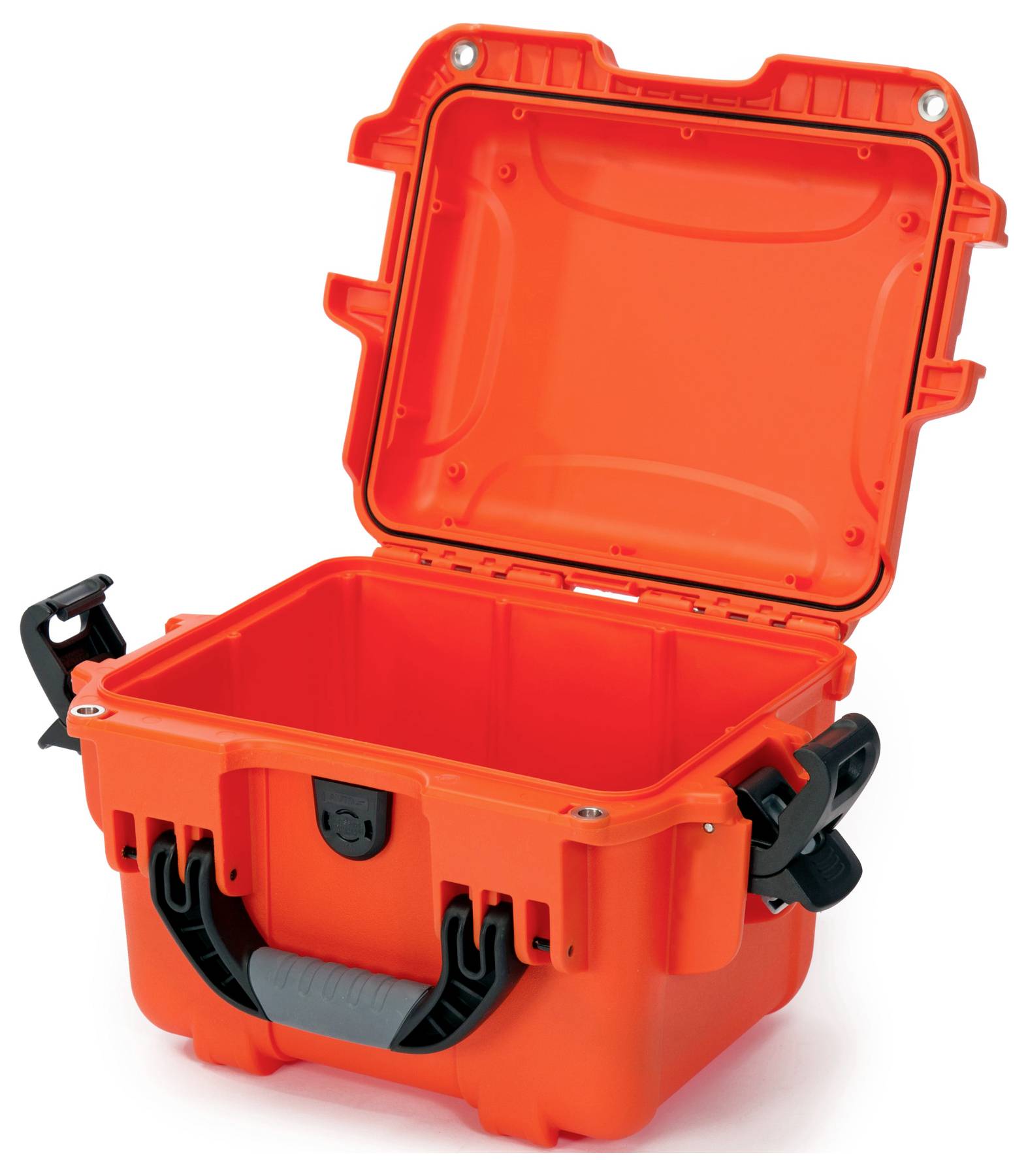 Un étui de protection robuste orange vif avec le couvercle ouvert, adapté pour les équipements sensibles ou les outils.