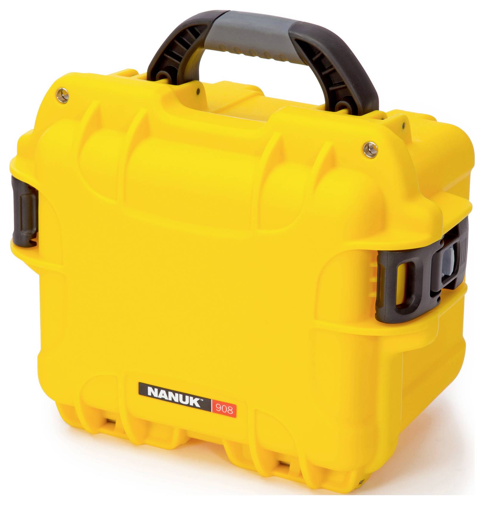 Un boîtier Nanuk jaune, robuste, avec une poignée et des fermoirs noirs. Adapté pour le transport sécurisé d'équipements sensibles.