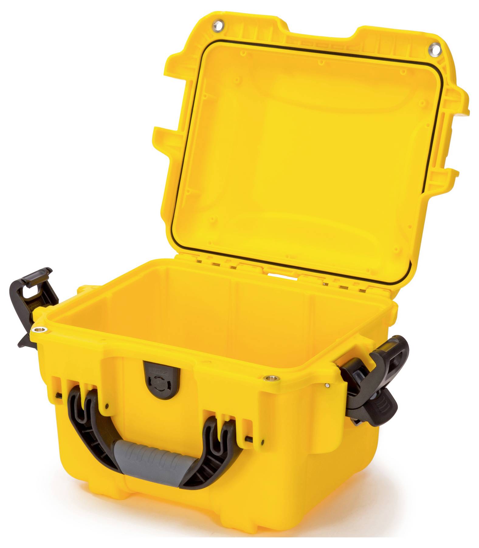 Valise jaune, ouverte, avec des fermetures robustes et une poignée.