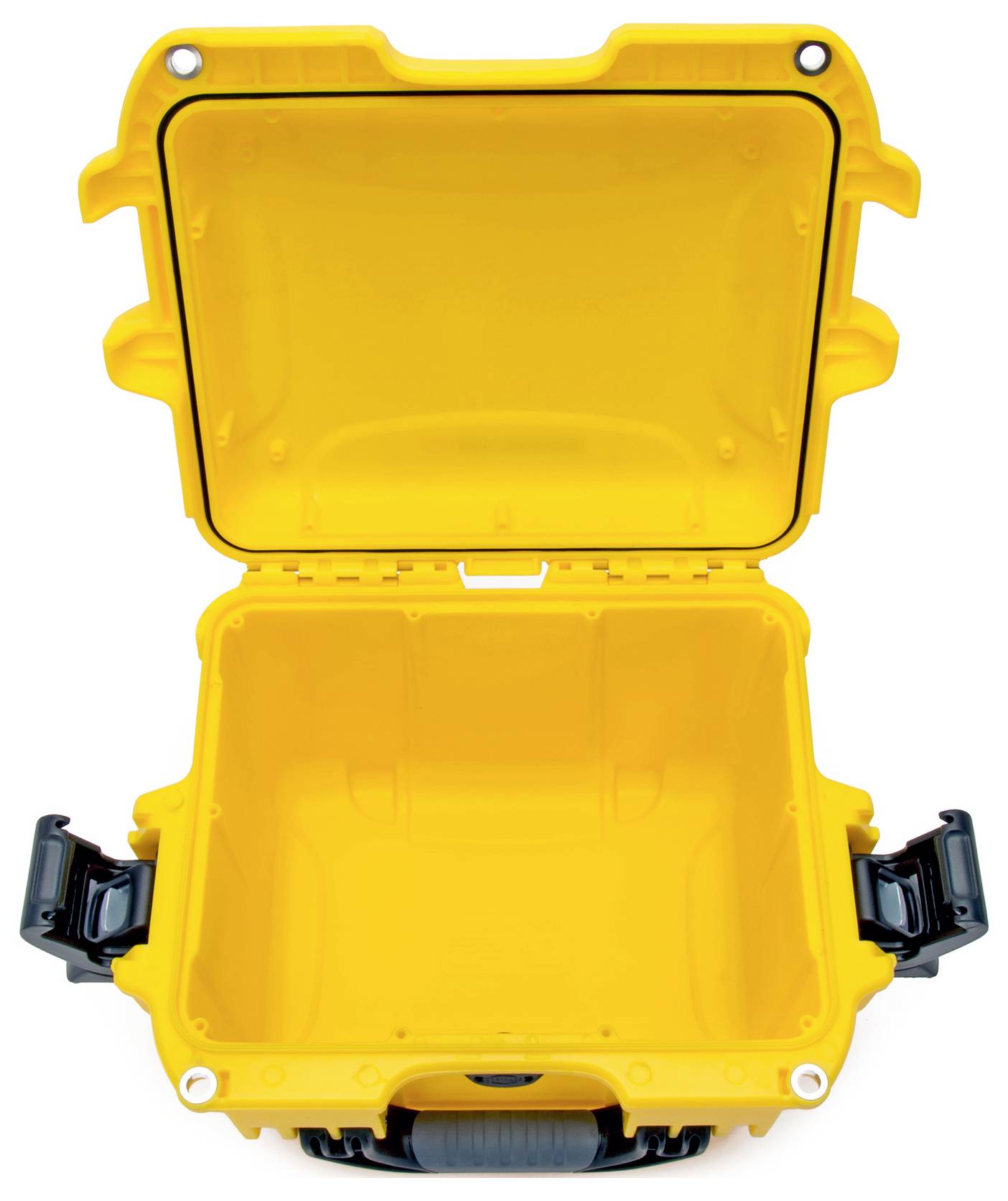 Coffret de protection ouvert, jaune vif et lumineux, vide, avec une construction robuste, fermoir et poignée noirs, prêt pour un transport en toute sécurité.