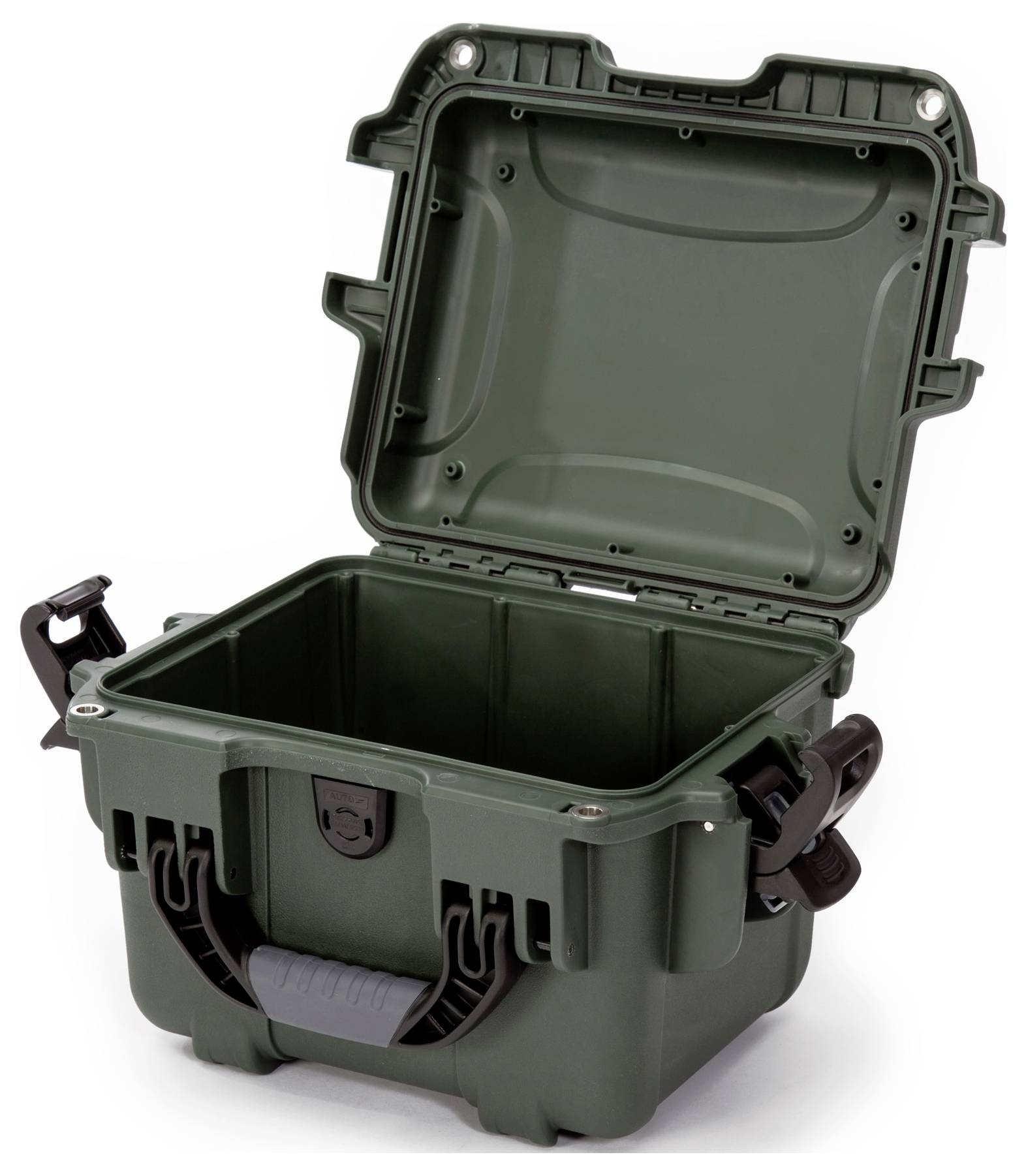 Valise robuste de couleur verte avec coque rigide, couvercle ouvert, adaptée au transport sécurisé d'objets fragiles.