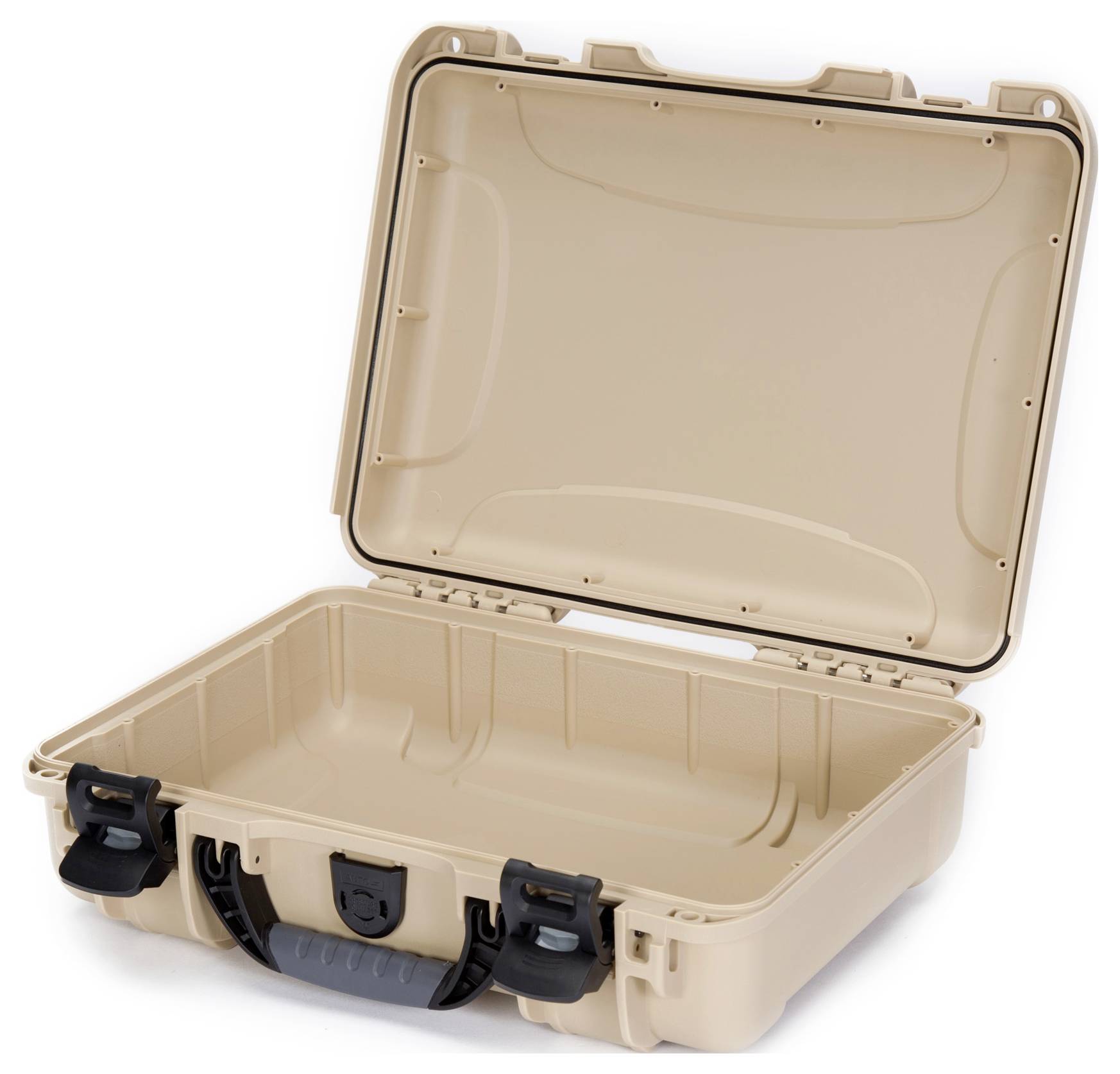 Une valise rigide ouverte de couleur beige, avec une poignée et des fermetures noires, vide et adaptée au transport sécurisé d'objets.