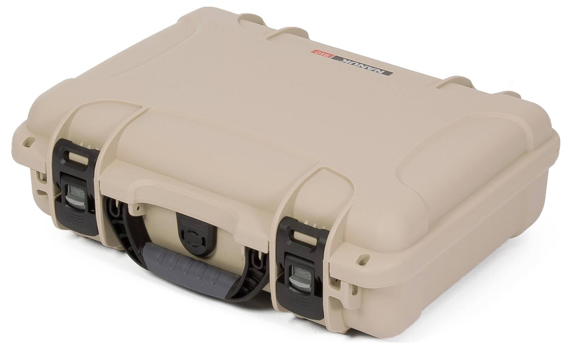 Valise rigide beige avec deux fermetures noires et une poignée de transport. Idéale pour le transport sécurisé d'objets.