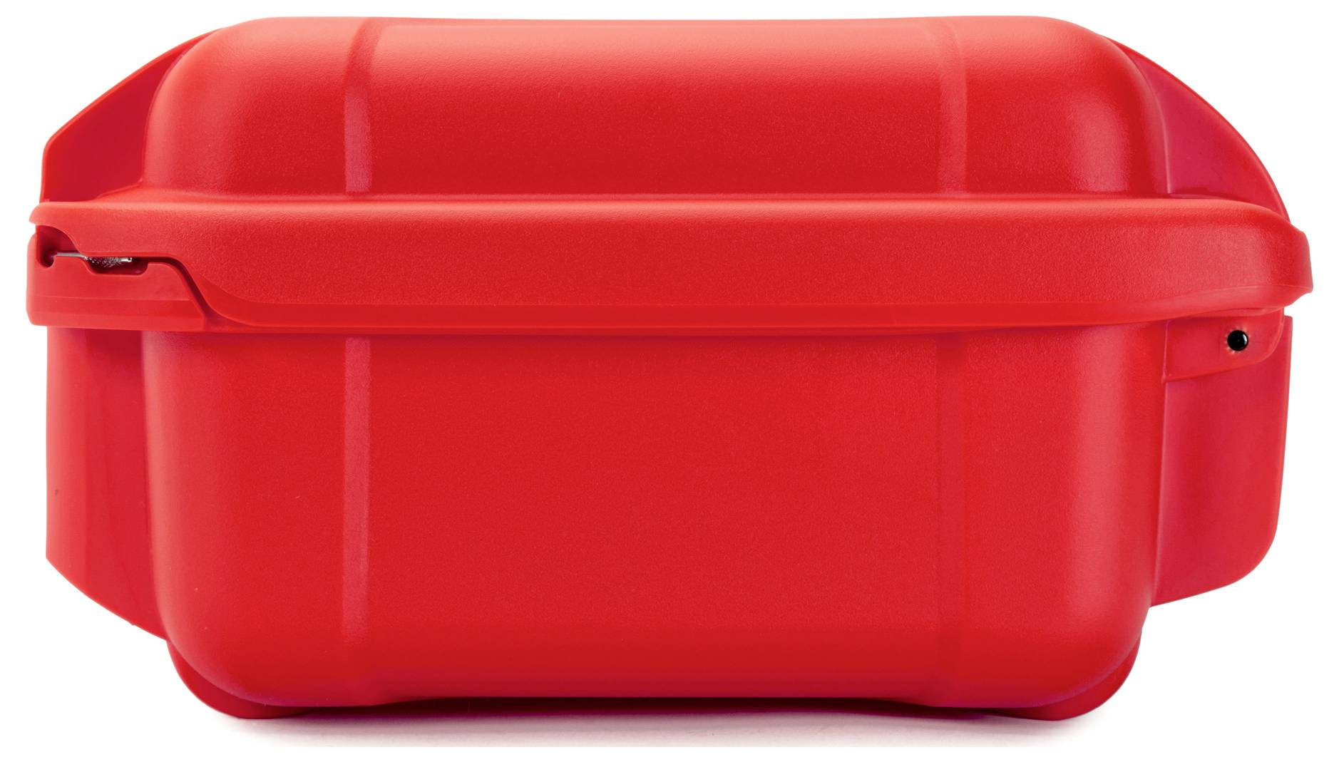 Boîte en plastique rouge avec couvercle, principalement adaptée au transport ou au rangement de petits objets.