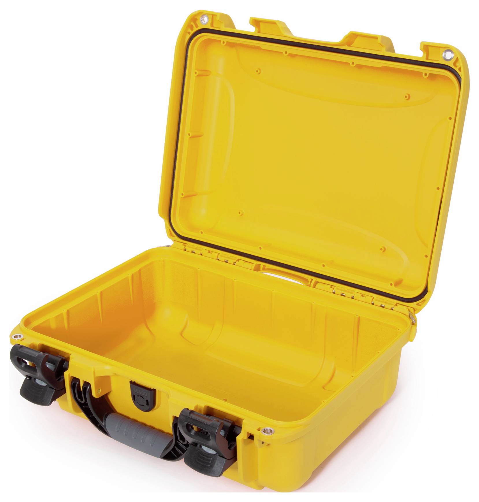 Une valise rigide jaune, ouverte et vide. La valise est dotée de fermoirs noirs et d'une poignée noire.