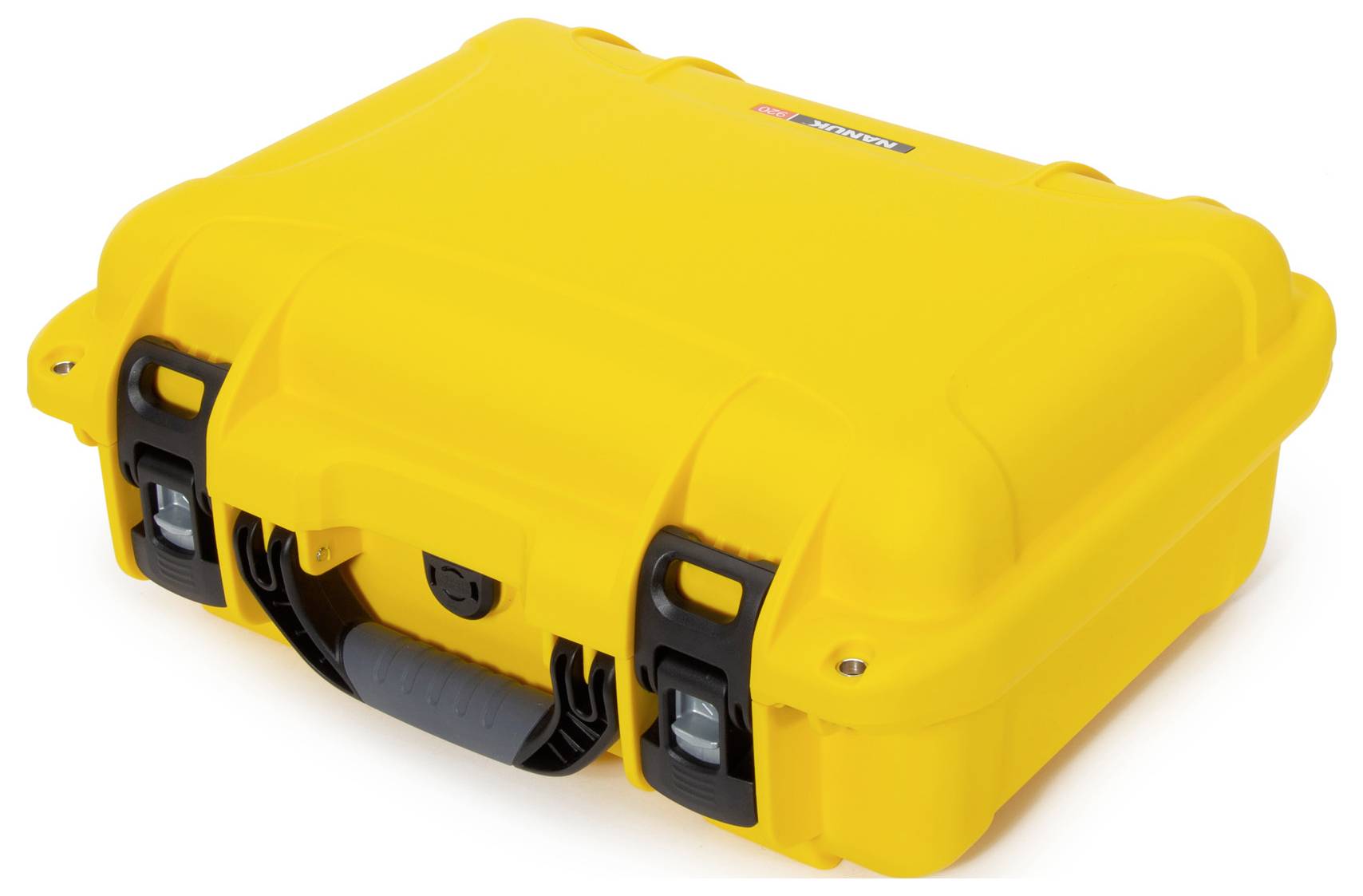 Mallette en plastique jaune robuste avec poignée et fermetures noires, idéale pour un rangement ou un transport sécurisé.