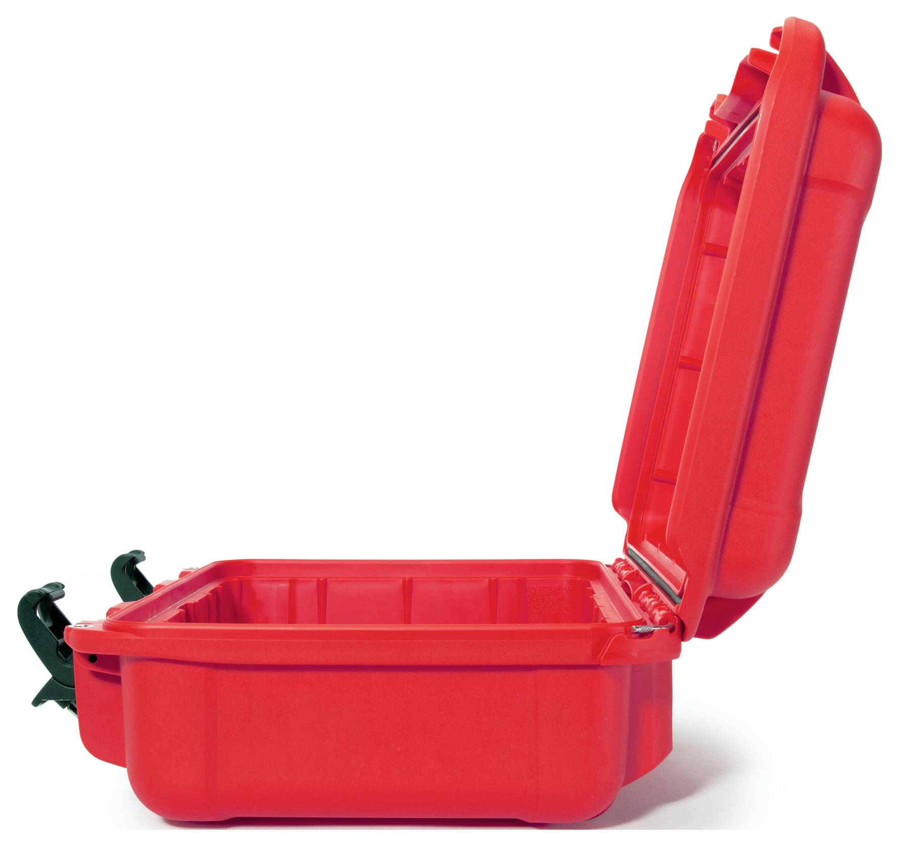 Une valise en plastique rouge, ouverte, avec des fermetures robustes. Idéale pour le transport sécurisé d'objets fragiles.