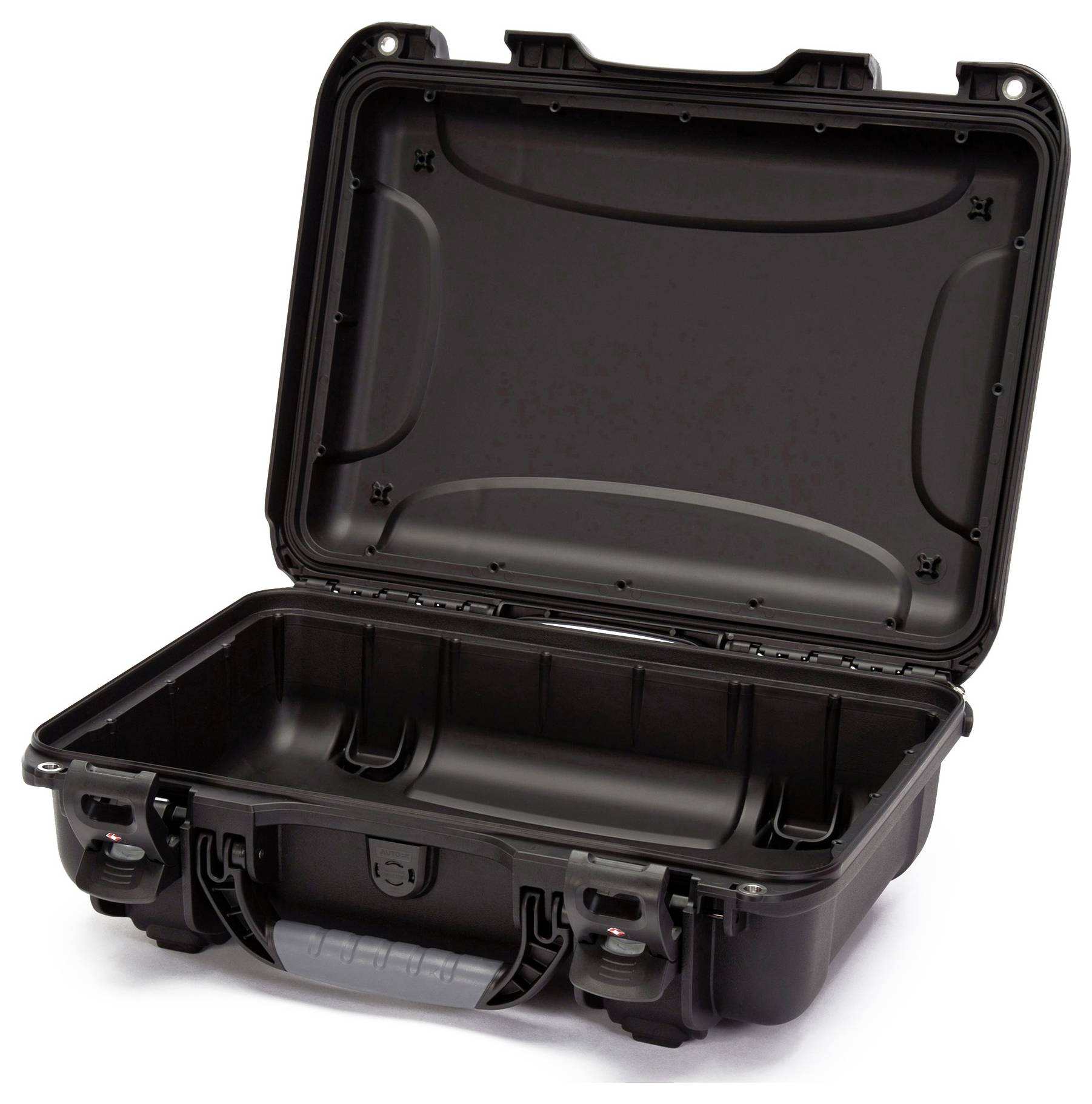 Valise rigide noire, ouverte, avec une poignée robuste et des fermoirs à clip, idéale pour le transport sécurisé d'équipements sensibles.