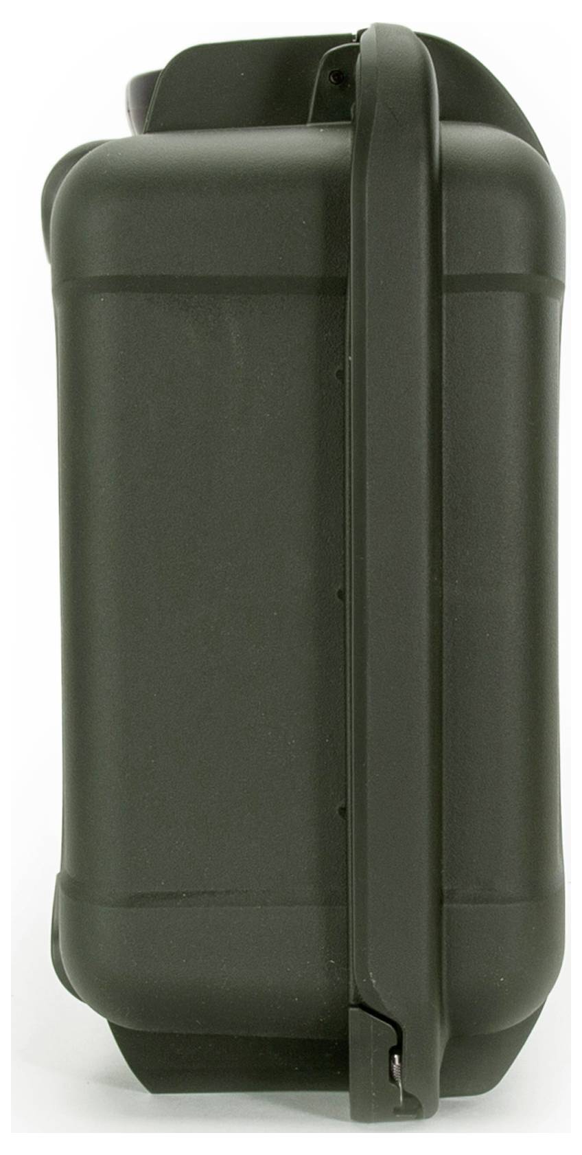 Une valise rigide noire rectangulaire avec une poignée sur le côté, probablement destinée au transport d'équipements ou d'outils.