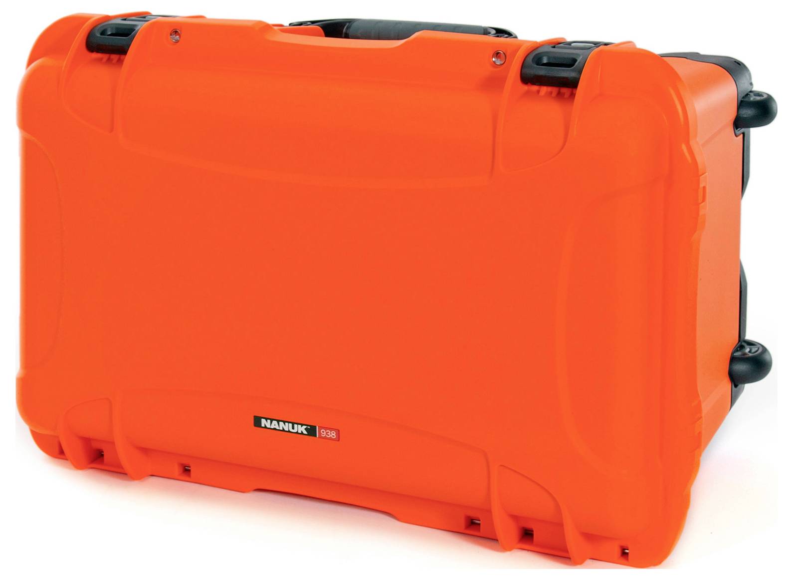 Valise de protection orange avec poignée noire, robuste et verrouillable, adaptée au transport sécurisé d'objets fragiles.