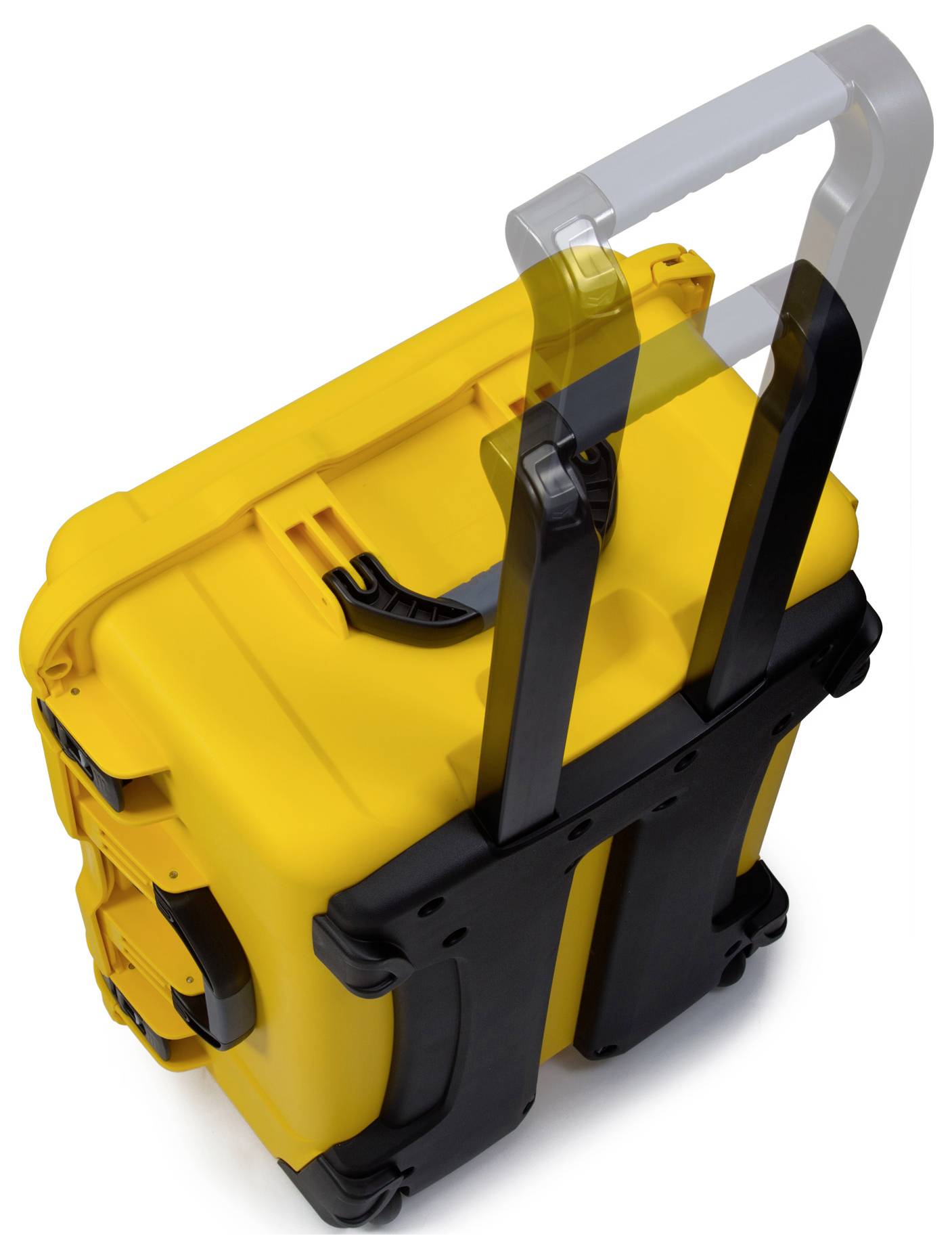 Valise de transport rigide jaune avec poignée télescopique et renforts noirs, adaptée pour un transport en toute sécurité.