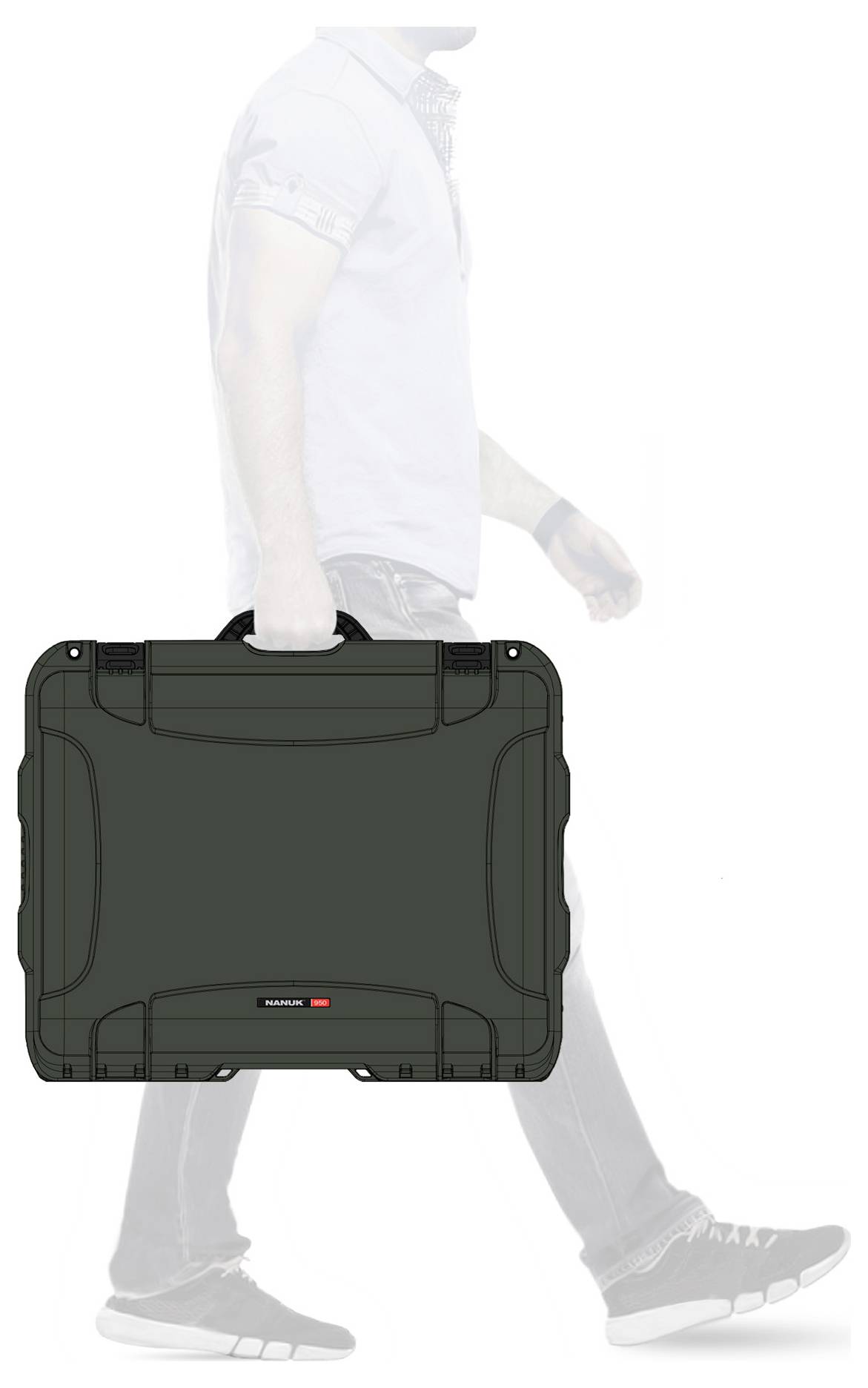 Une personne transporte une grande valise noire au design robuste. L'accent est mis sur la valise qui dégage un sens de professionnalisme.