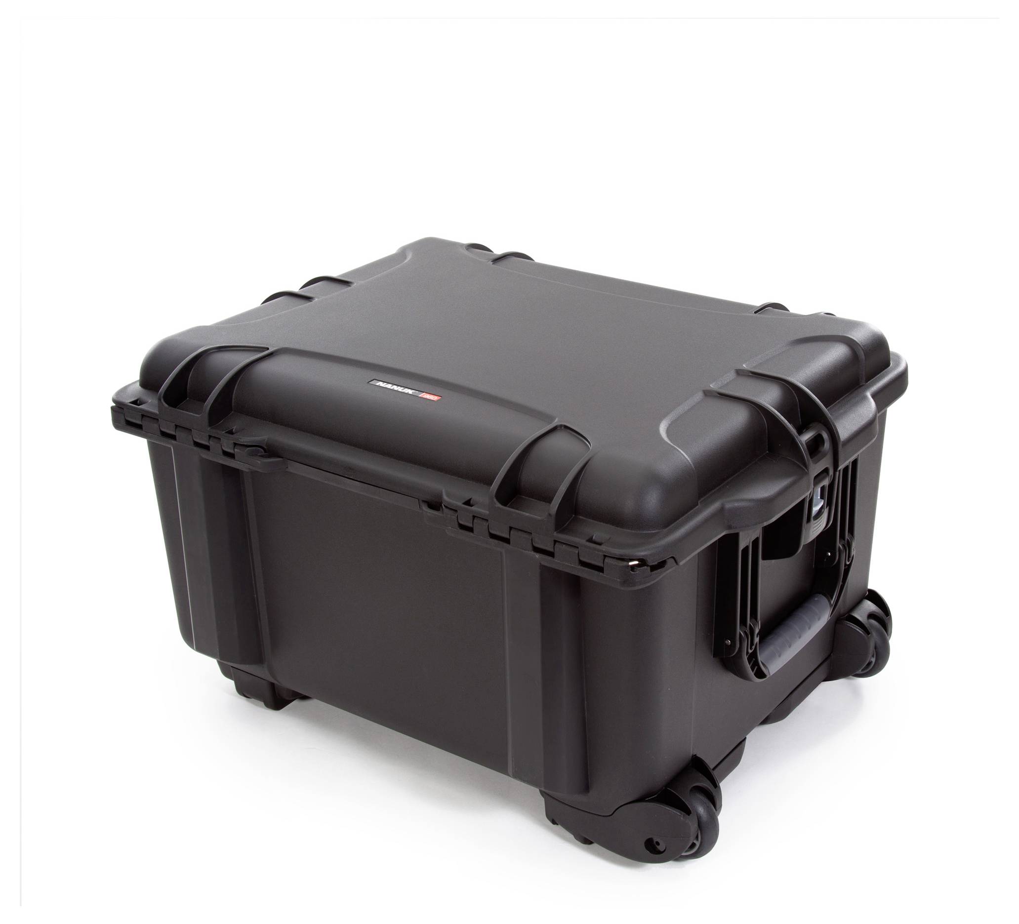 Valise robuste noire à roulettes, équipée de poignées et de fermetures, adaptée au transport sécurisé d'objets fragiles.