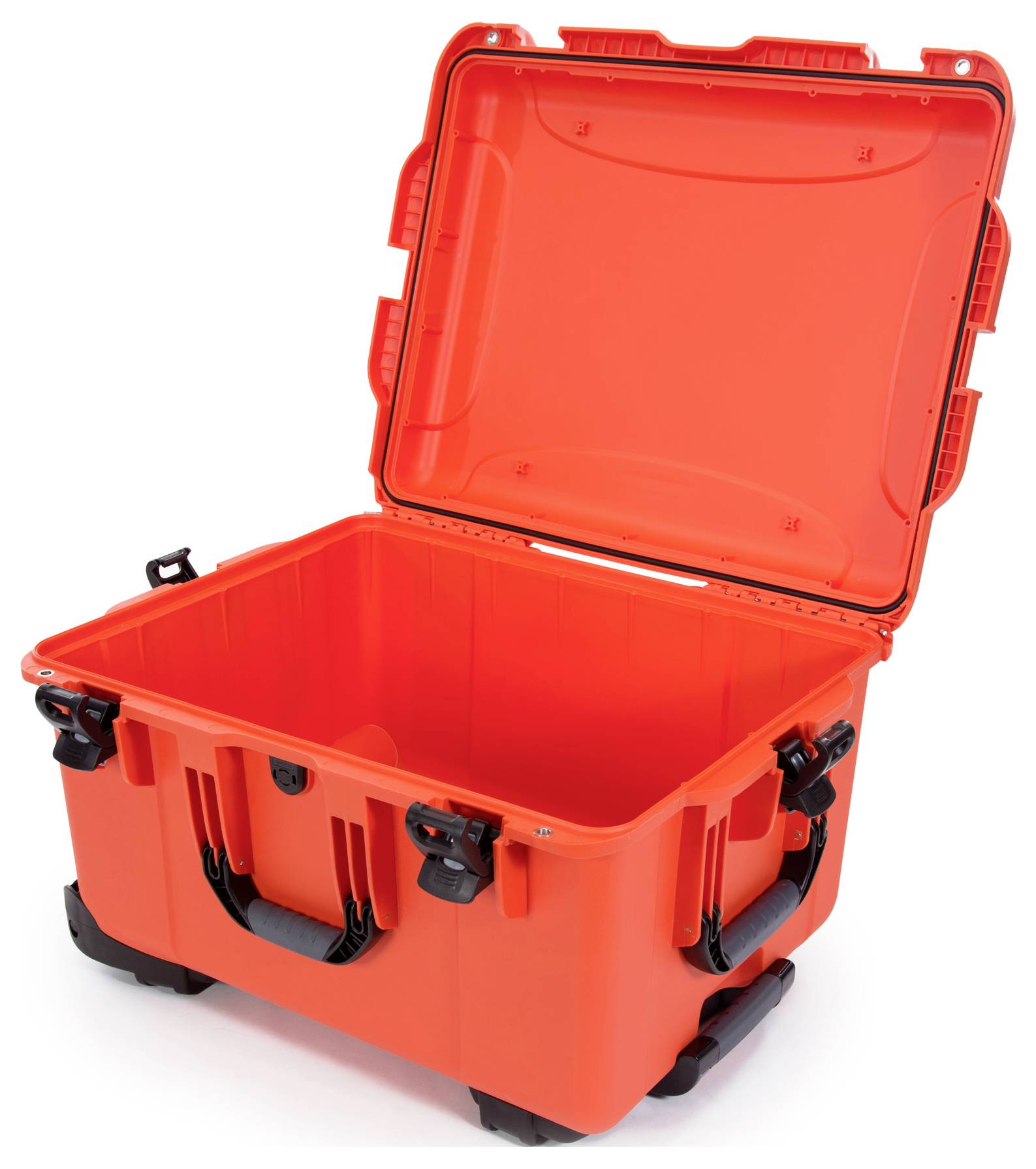 Une valise rigide ouverte, d'un rouge éclatant, dotée de fermoirs robustes et de poignées solides. Idéale pour un transport en toute sécurité.