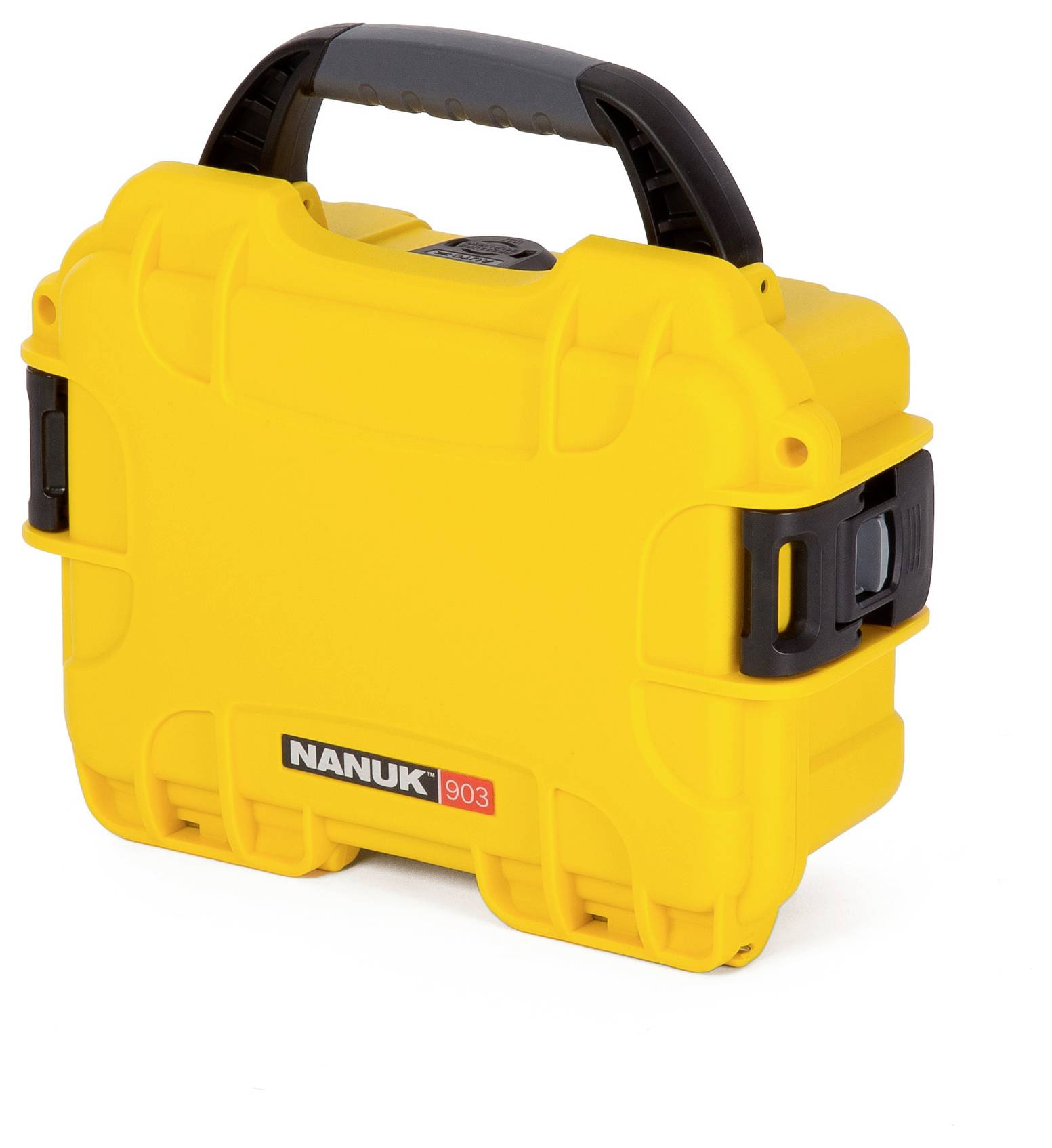 Valise de transport jaune robuste avec poignée et fermetures noires, adaptée à la protection d'équipements sensibles.