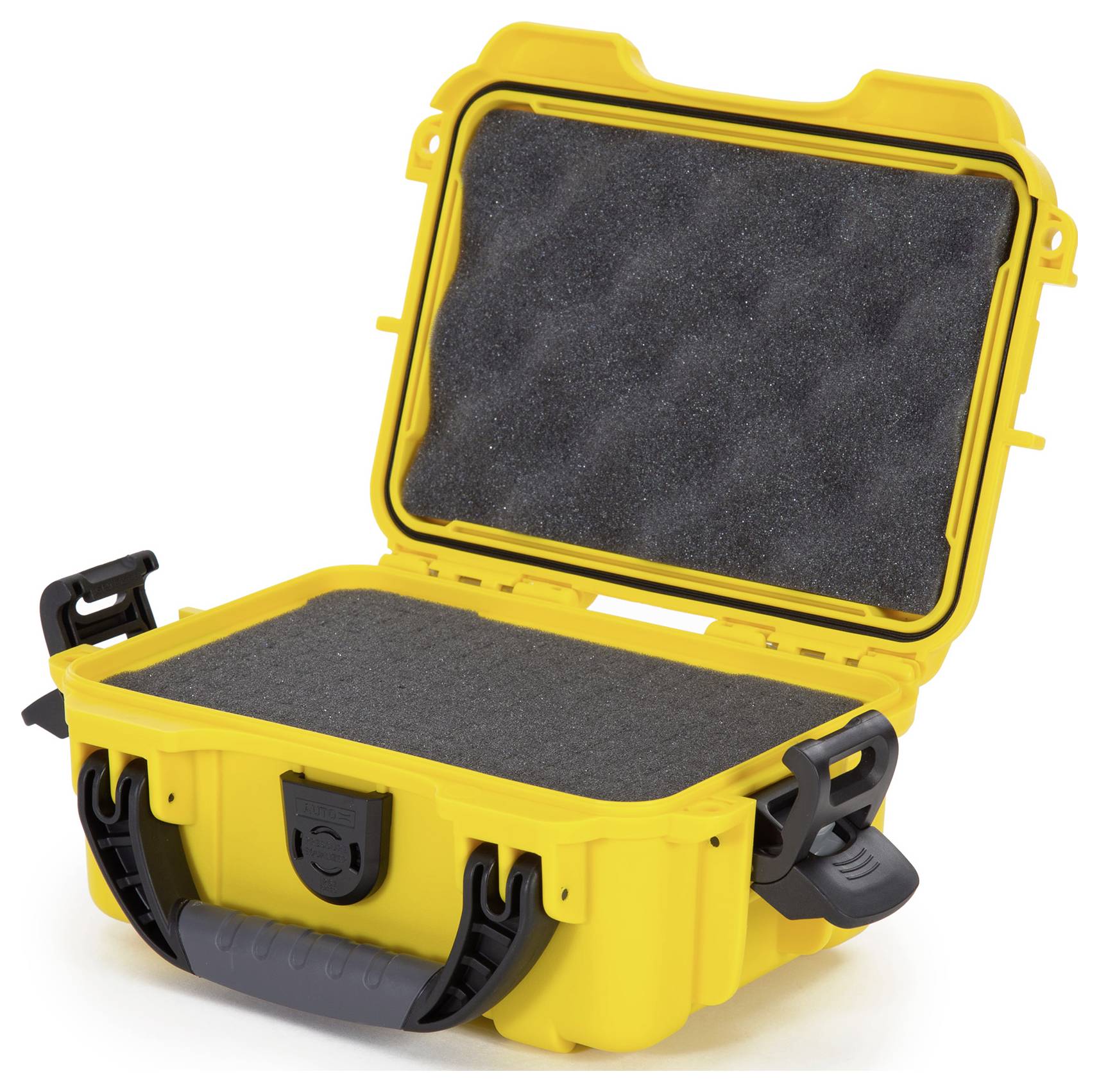 Valise rigide jaune ouverte avec doublure intérieure en mousse noire et poignée robuste, idéale pour le transport en toute sécurité d'objets fragiles.