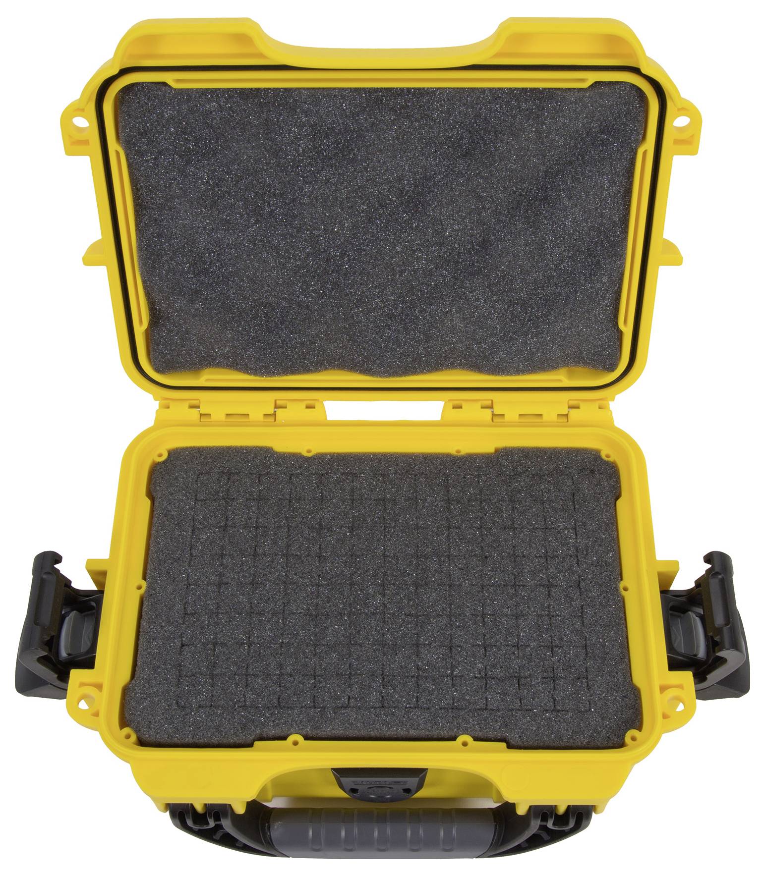 'Valise jaune ouverte avec mousse de protection à l'intérieur, adaptée au transport sécurisé d'équipements sensibles.'