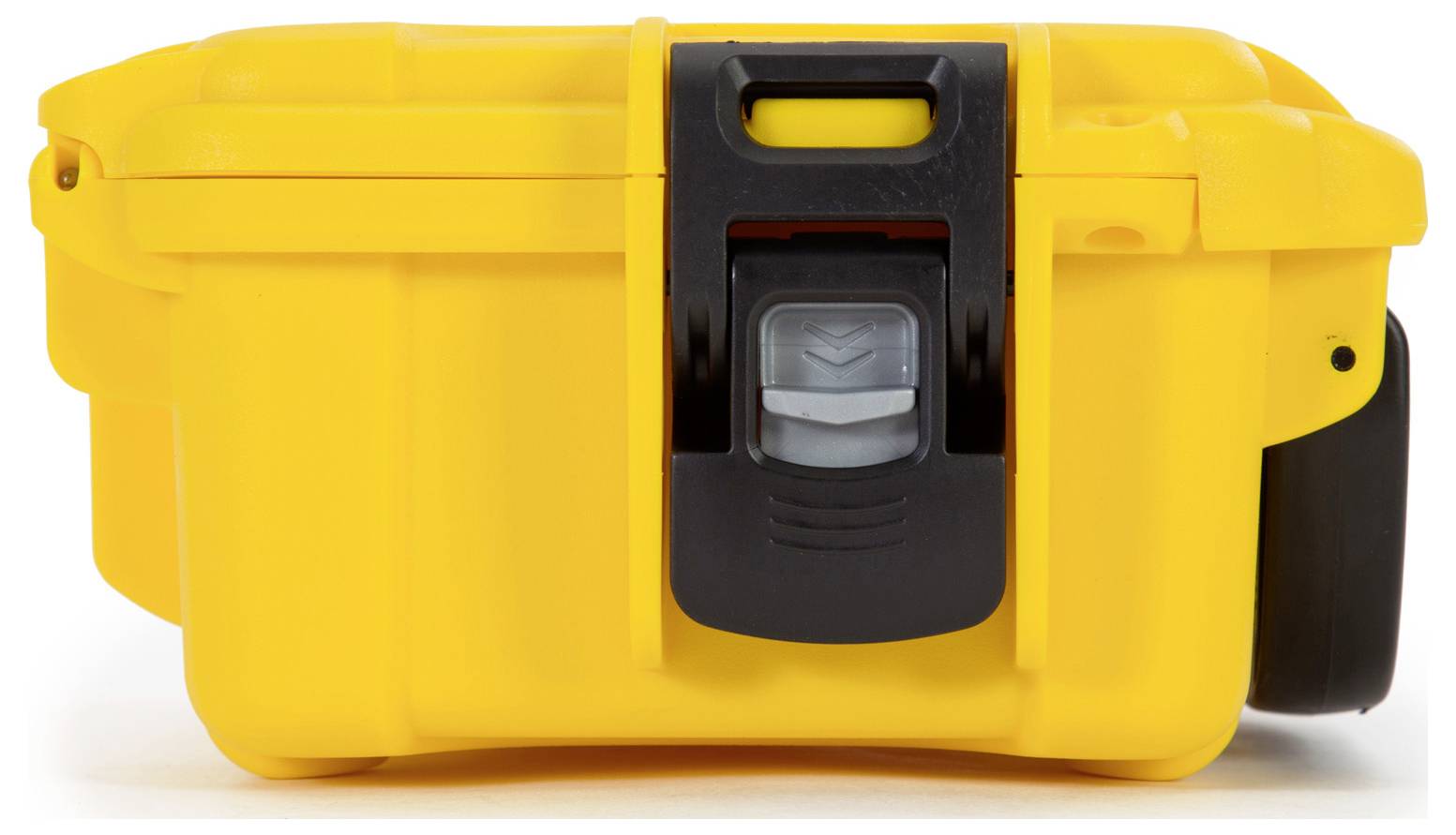 Valise rigide rectangulaire jaune avec fermeture noire, vue de face.