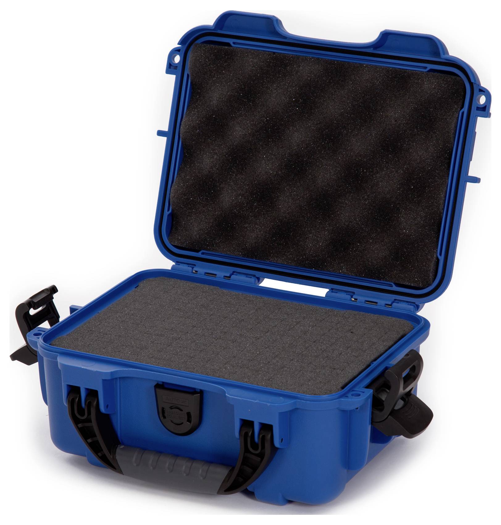 Valise de protection bleue ouverte, avec intérieur en mousse noire, adaptée au transport sécurisé d'équipements délicats.