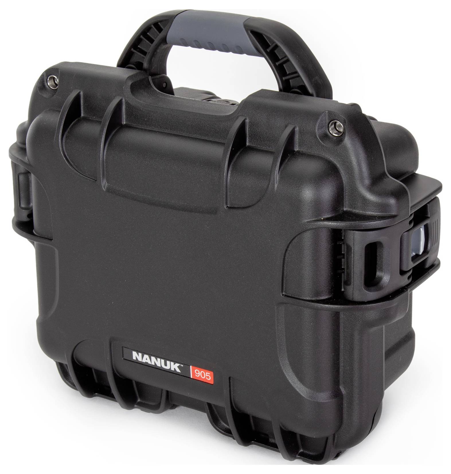 Un boîtier de protection noir robuste avec poignée de transport, conçu pour le transport sécurisé d'équipements sensibles.