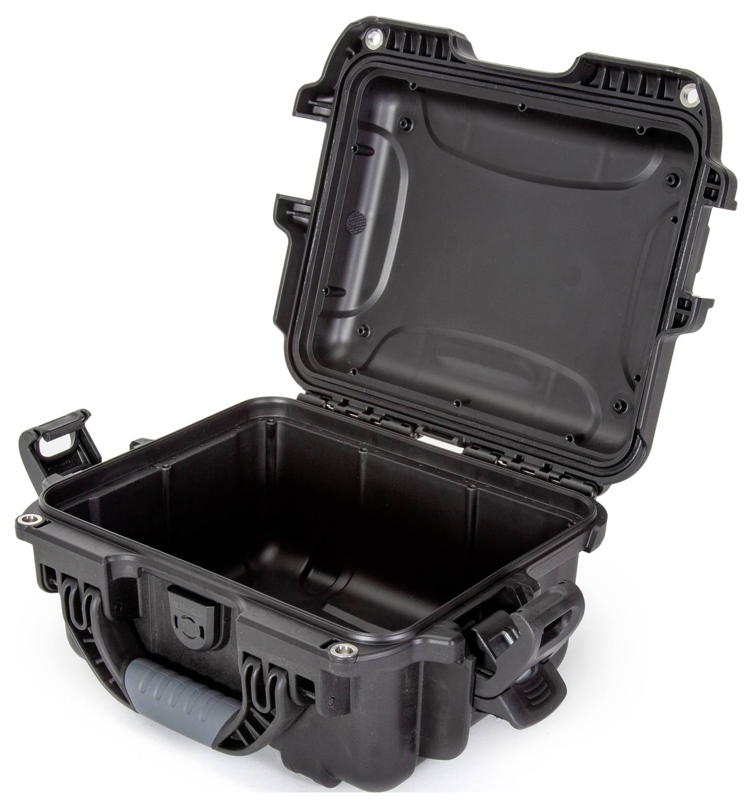 Valise en plastique noir, ouverte, robuste, avec poignée de transport, adaptée au transport sécurisé d'équipements sensibles.