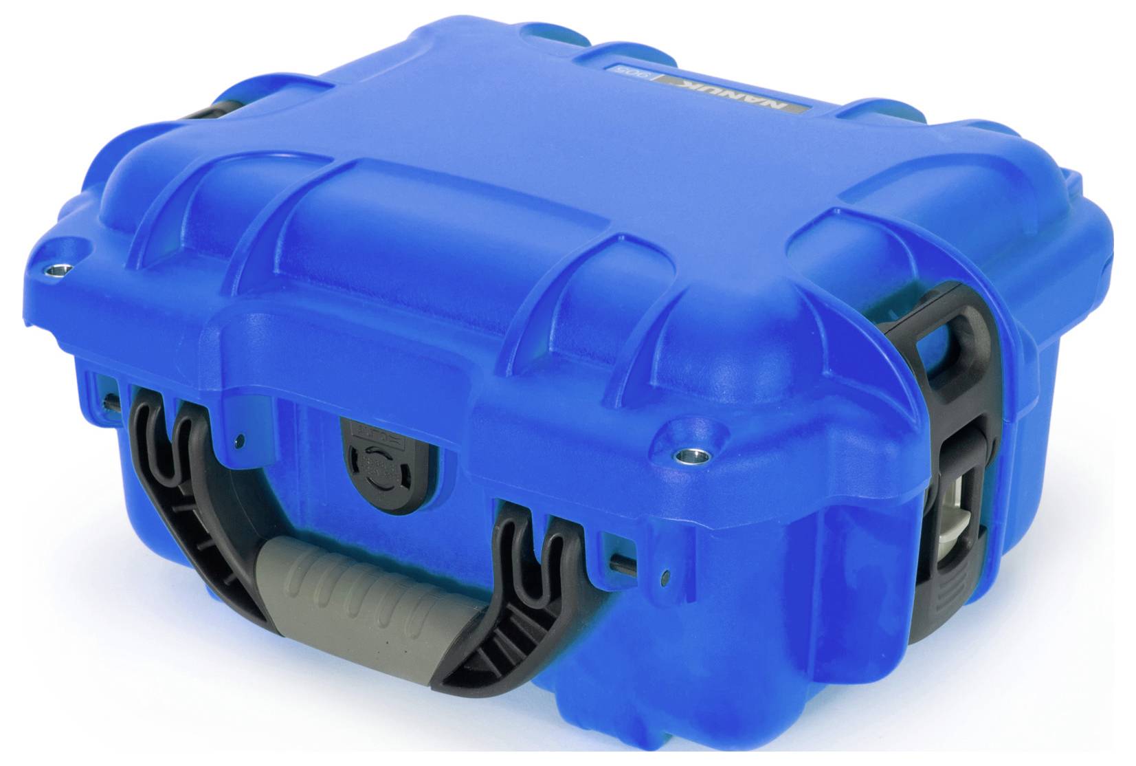 Mallette en plastique bleu robuste avec des coins renforcés et une poignée de transport grise, adaptée au transport d'équipements sensibles.