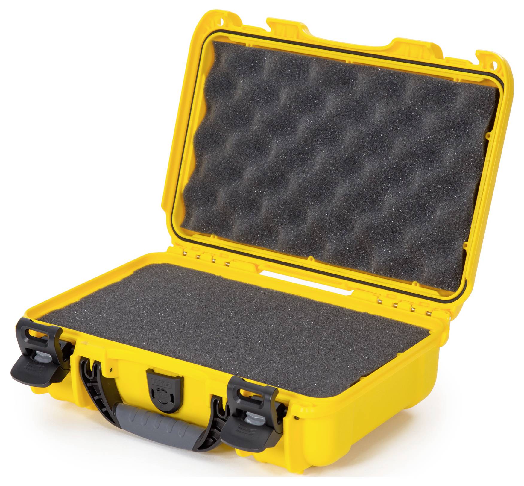 Valise rigide jaune, ouverte, robuste, avec intérieur en mousse noire, adaptée au transport sécurisé d'équipements sensibles.