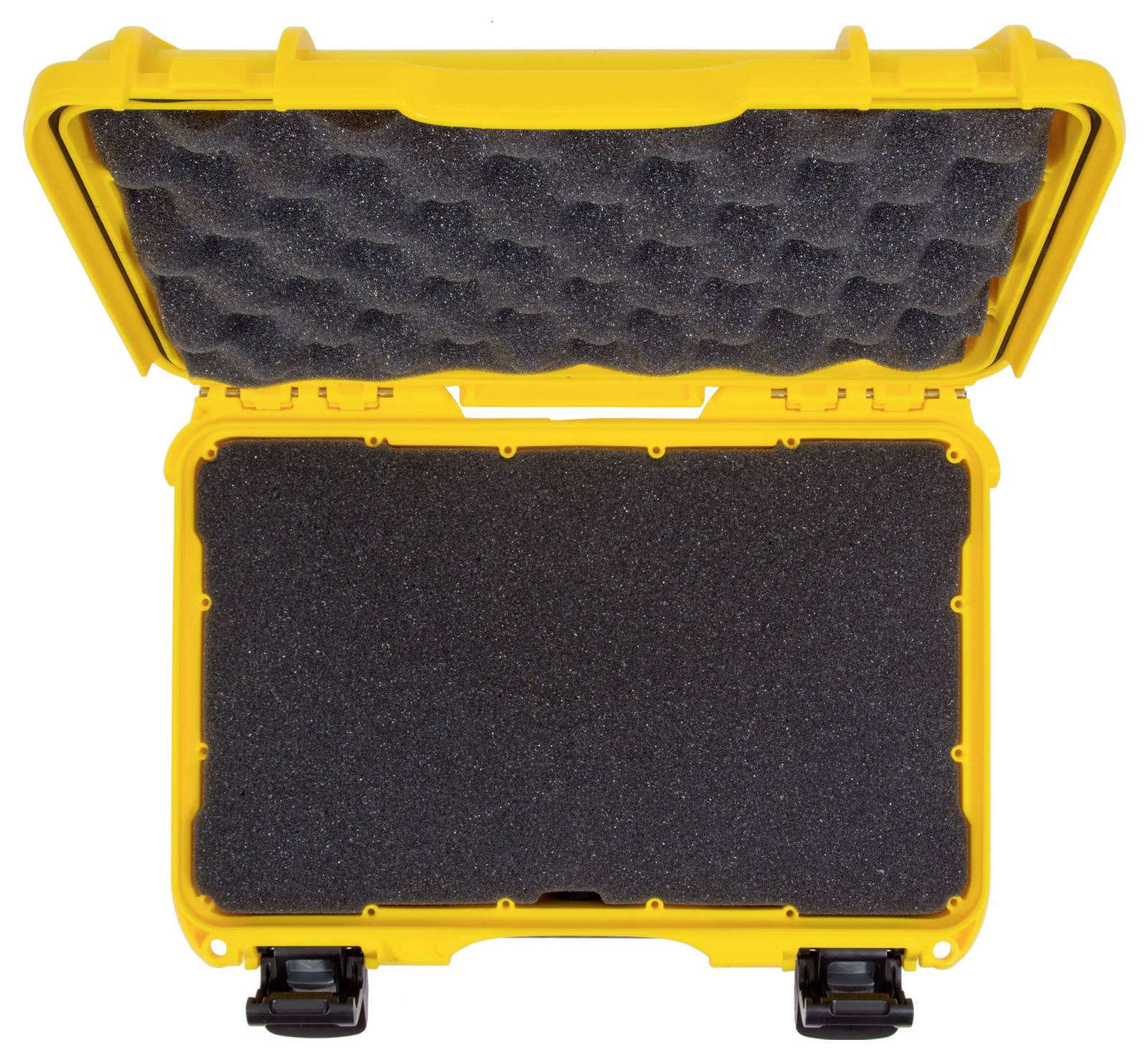 Une valise de protection jaune ouverte avec de la mousse noire, adaptée pour le transport en toute sécurité d'équipements sensibles.