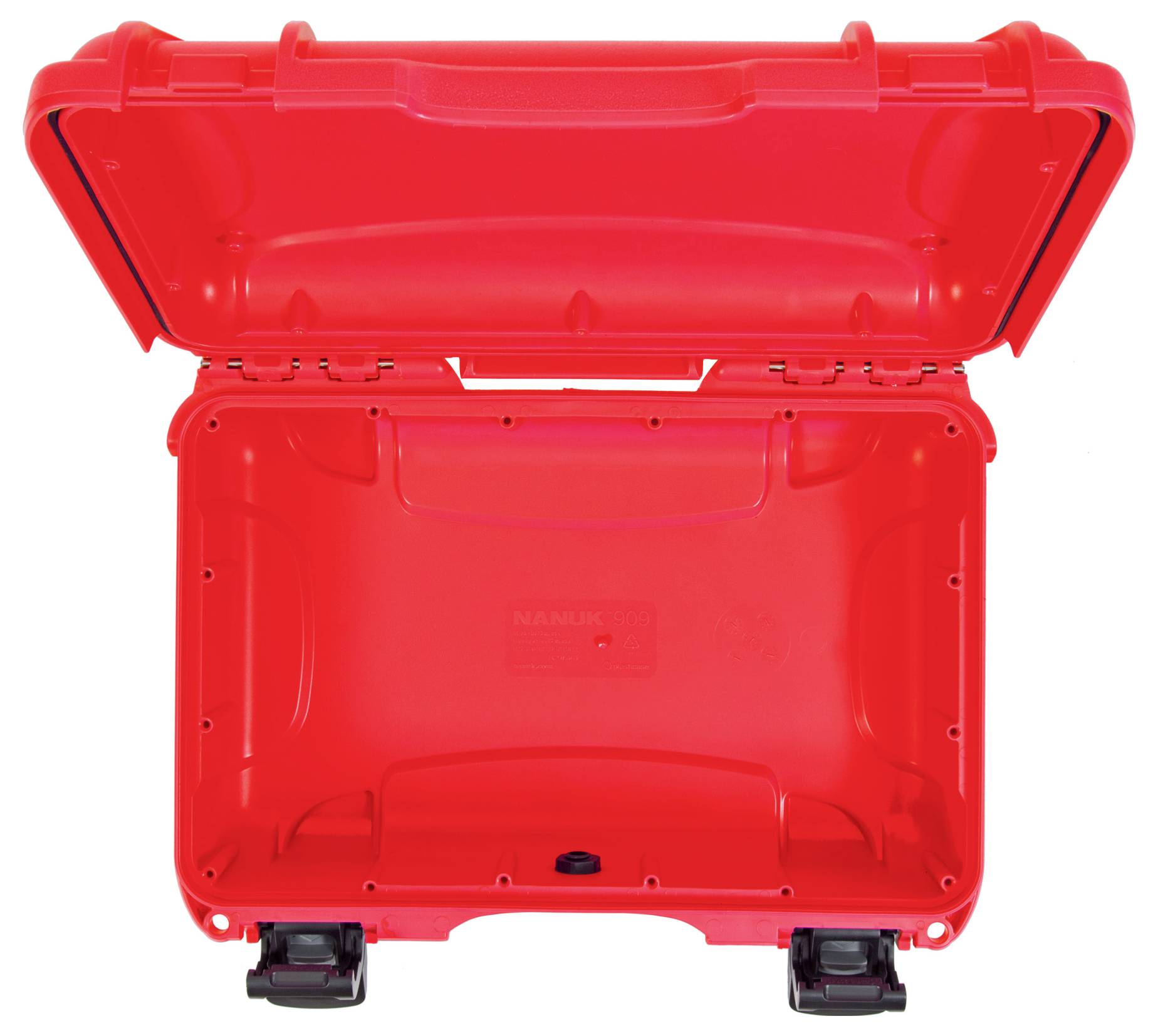 Une valise rigide rouge ouverte au design robuste. Adaptée au transport sécurisé d'objets fragiles.