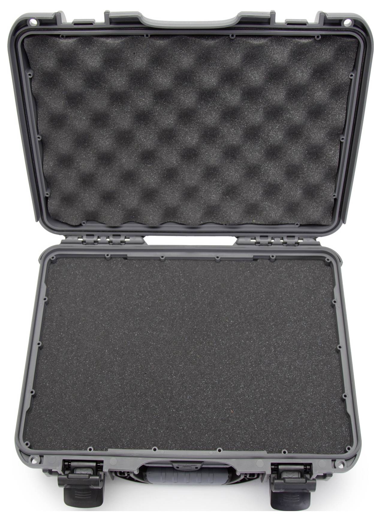 Une valise rigide ouverte, vide, avec une doublure en mousse ondulée dans le couvercle, idéale pour protéger des objets fragiles.