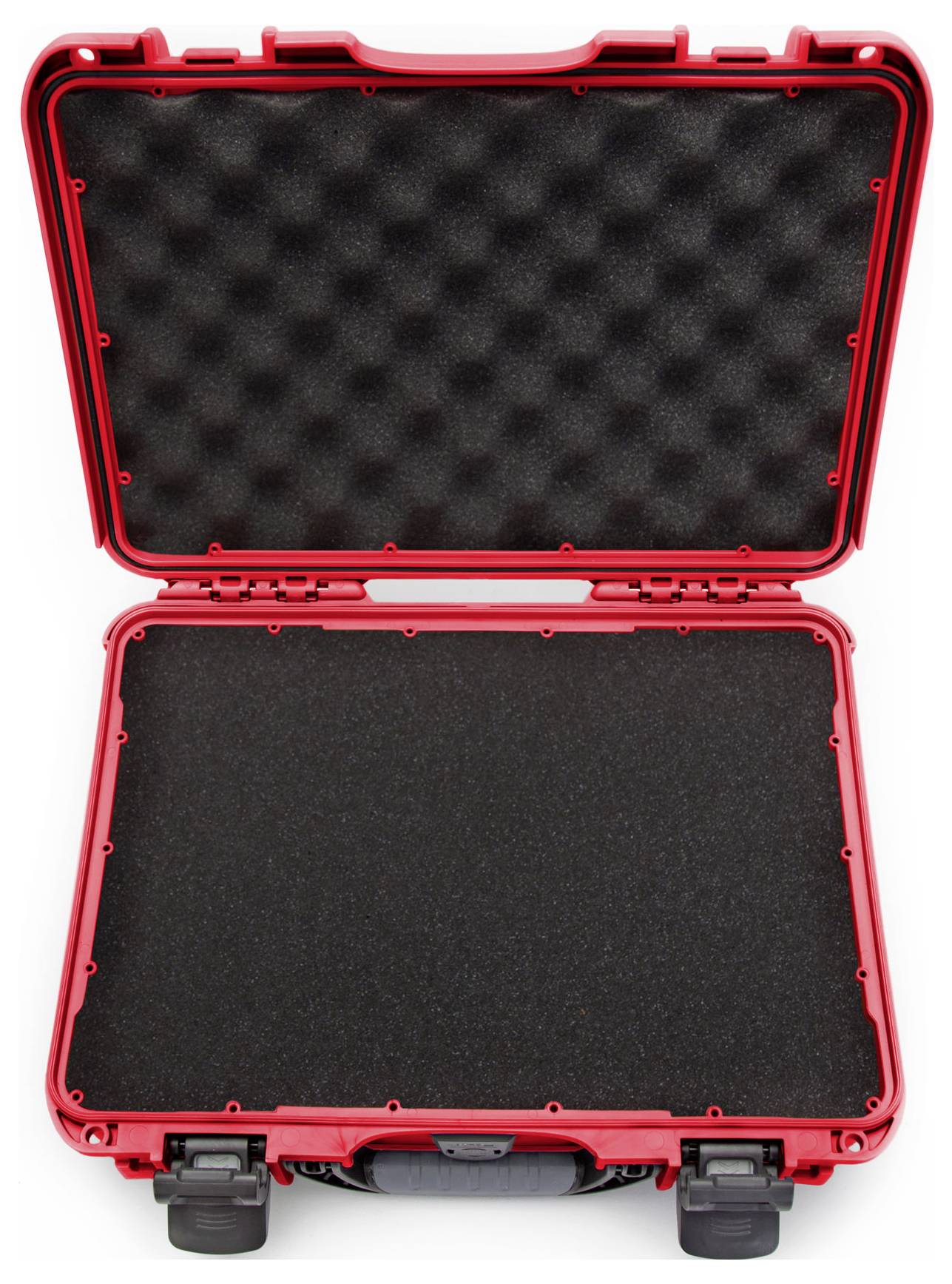 Une valise rigide rouge ouverte, dotée d'un intérieur en mousse noire, conçue pour le transport sécurisé d'objets fragiles.