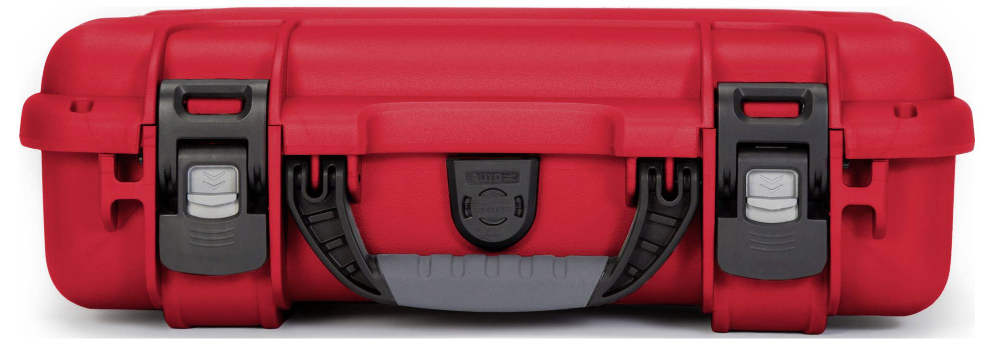 Valise de transport rouge, robuste, avec poignée grise et fermoirs noirs, adaptée pour une protection et un rangement sécurisés.