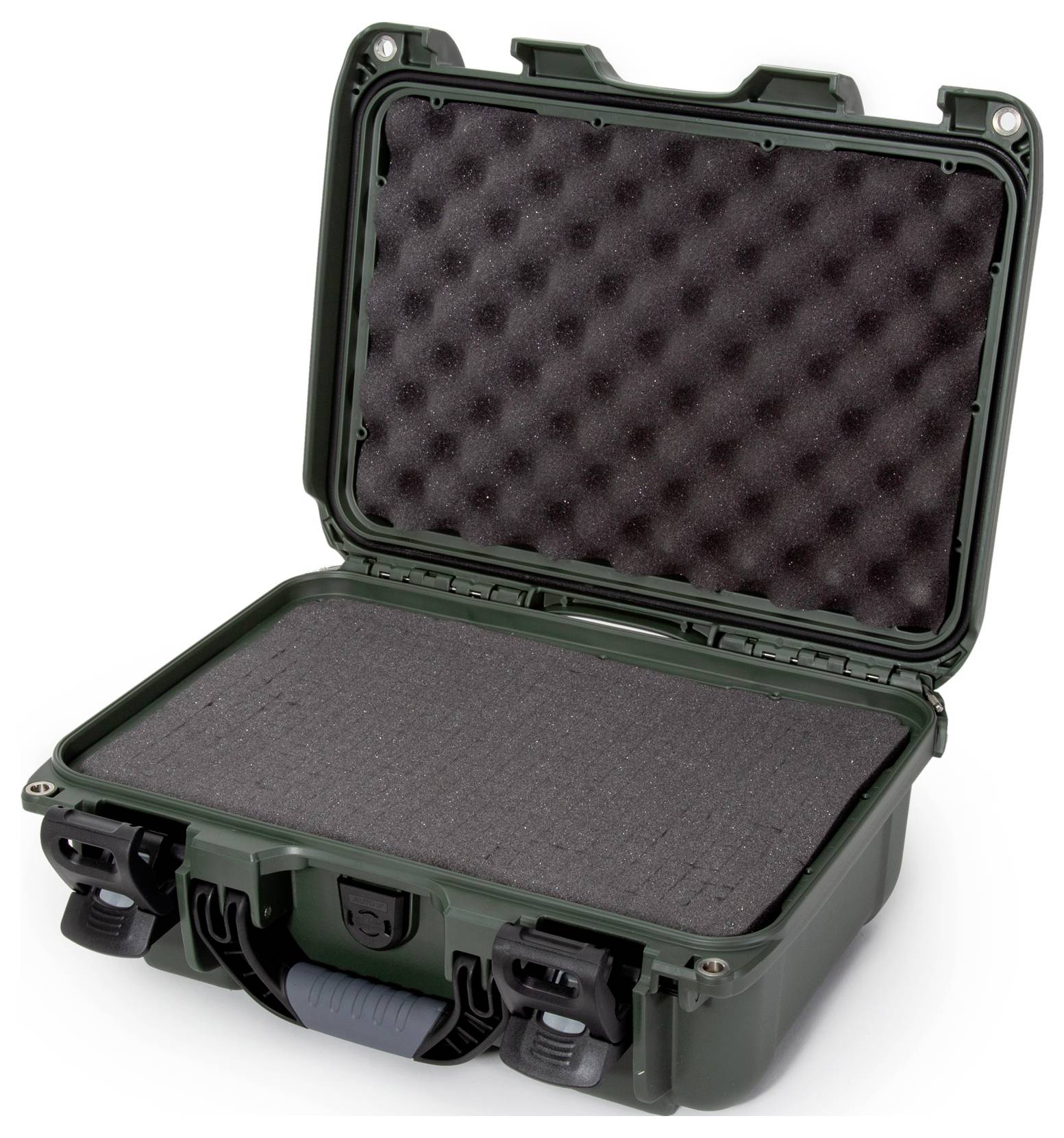 Mallette de protection verte, ouverte, avec mousse de protection intérieure, adaptée pour l'équipement sensible.