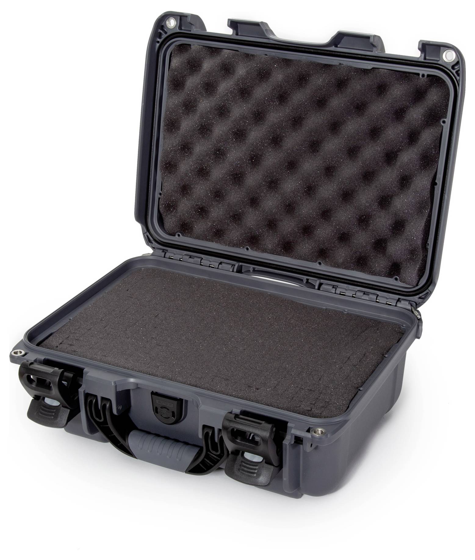 Valise rigide noire ouverte avec doublure en mousse. Idéale pour le transport sécurisé d'objets fragiles.