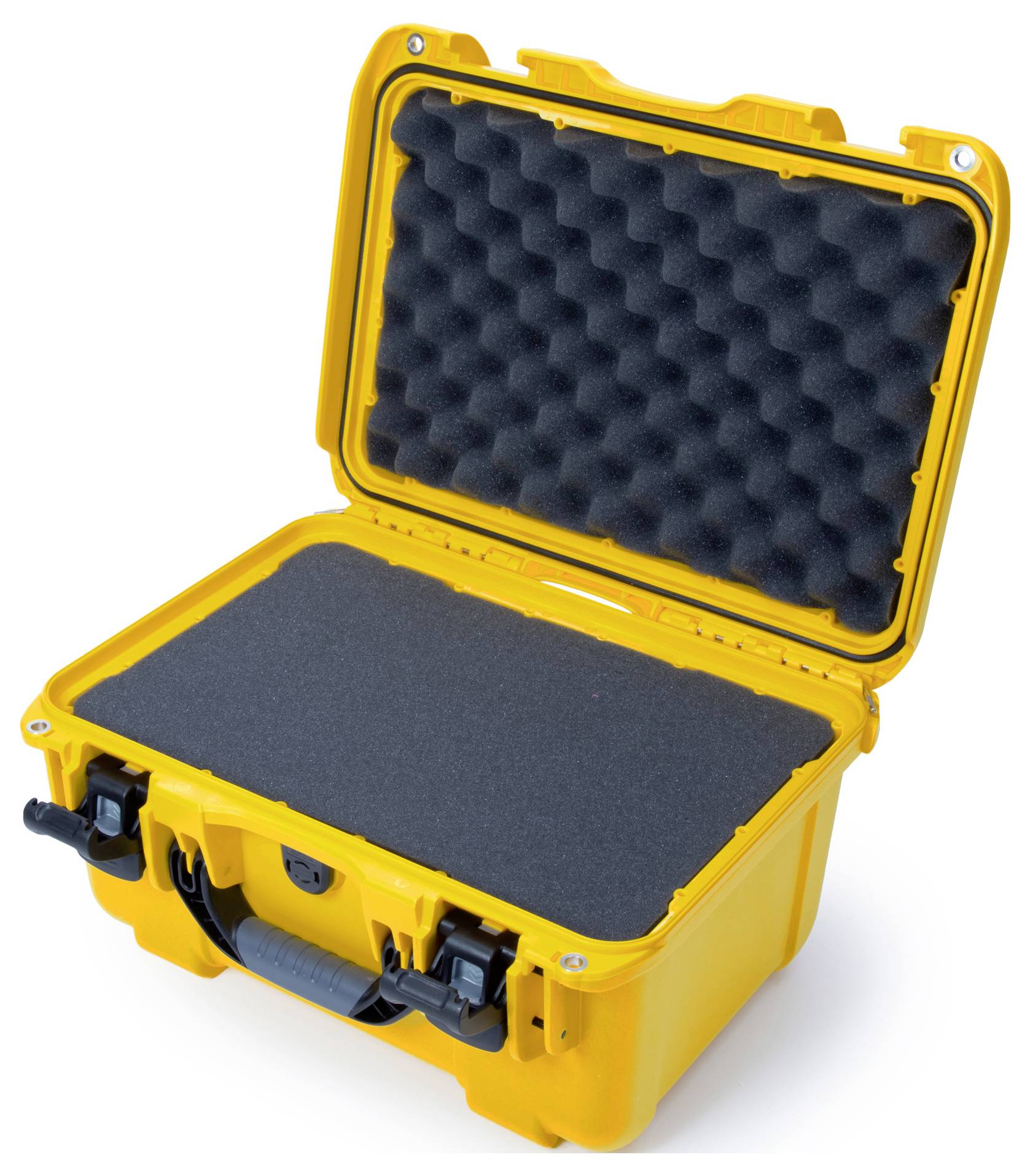 Valise de protection jaune ouverte, avec garniture en mousse, adaptée au transport sécurisé d'équipements sensibles.