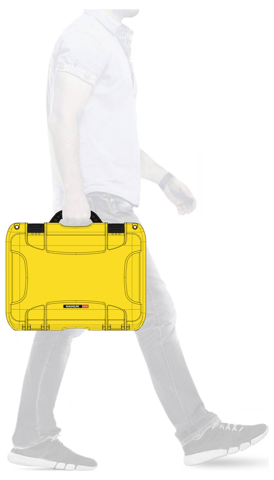 Une personne porte une valise jaune vif dans sa main droite. Le corps de la personne est partiellement représenté de manière transparente.
