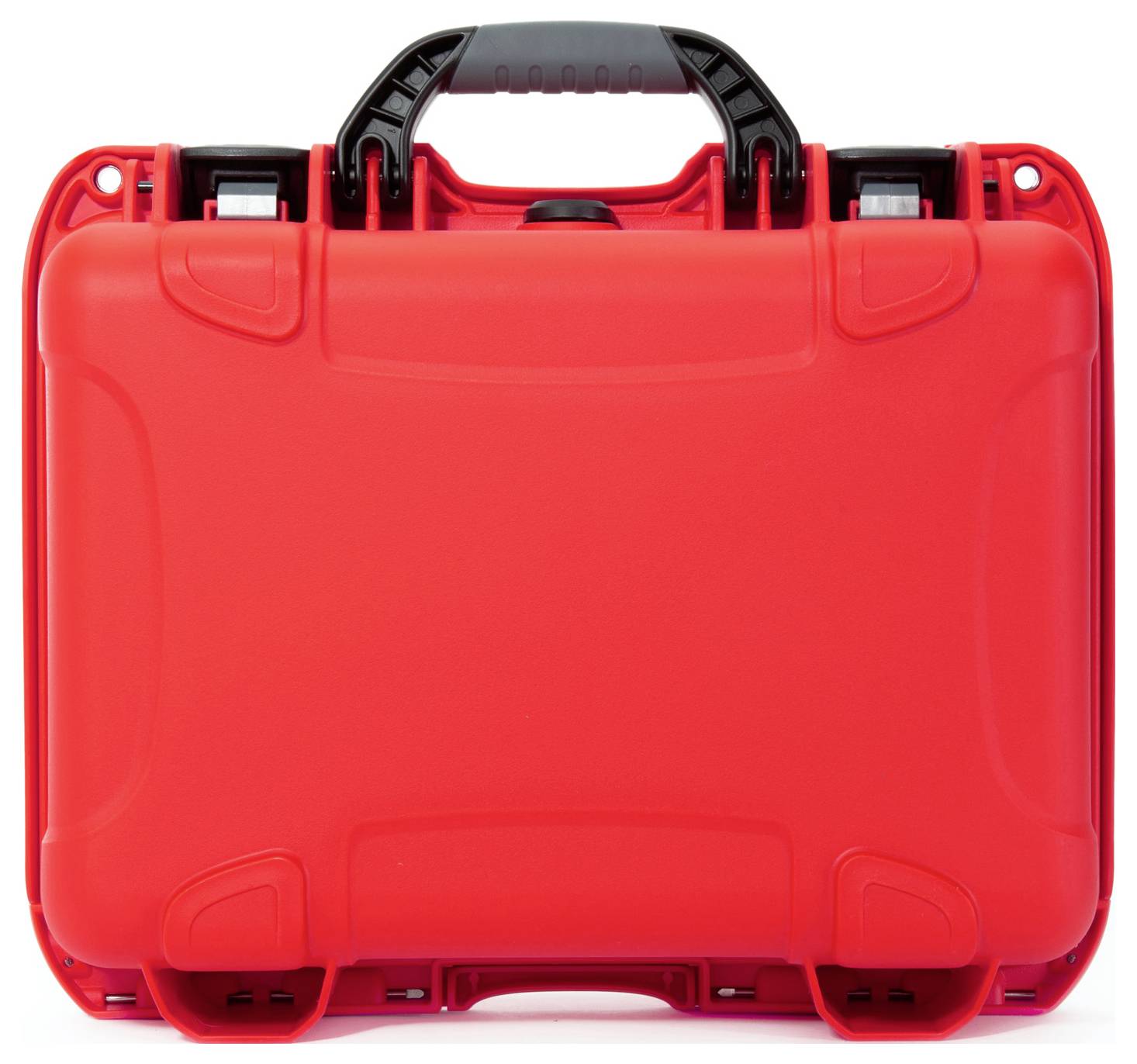 Valise rigide rouge avec poignée noire, typiquement utilisée pour le transport d'équipements ou d'outils délicats.